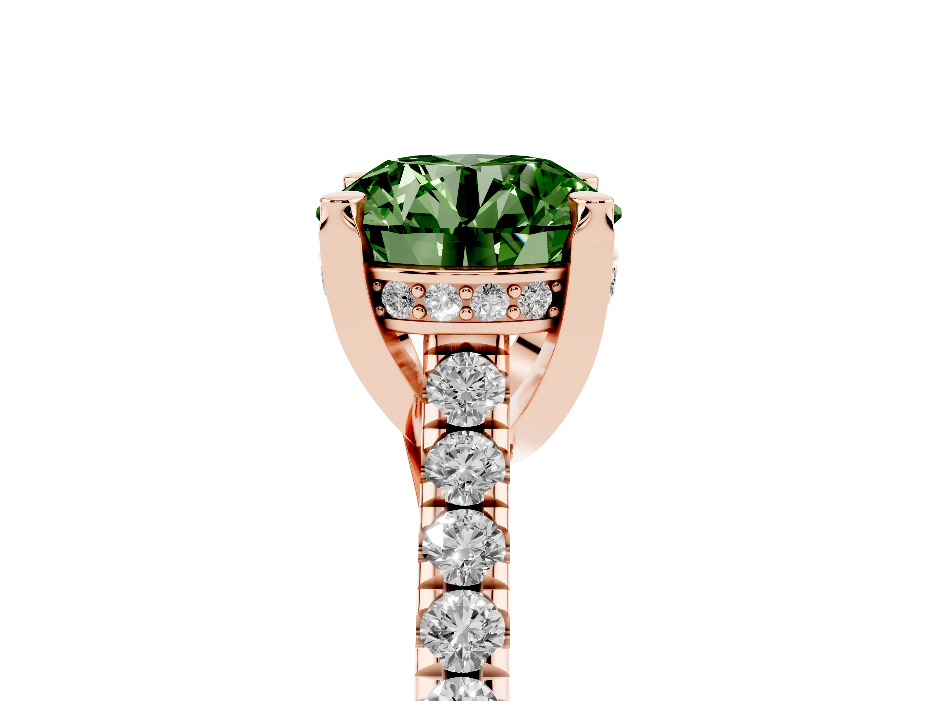 Fancy Green Round Cut Diamond Solitaire Ring Set in Rose gold with Brilliant Pavé Band and Prong Setting