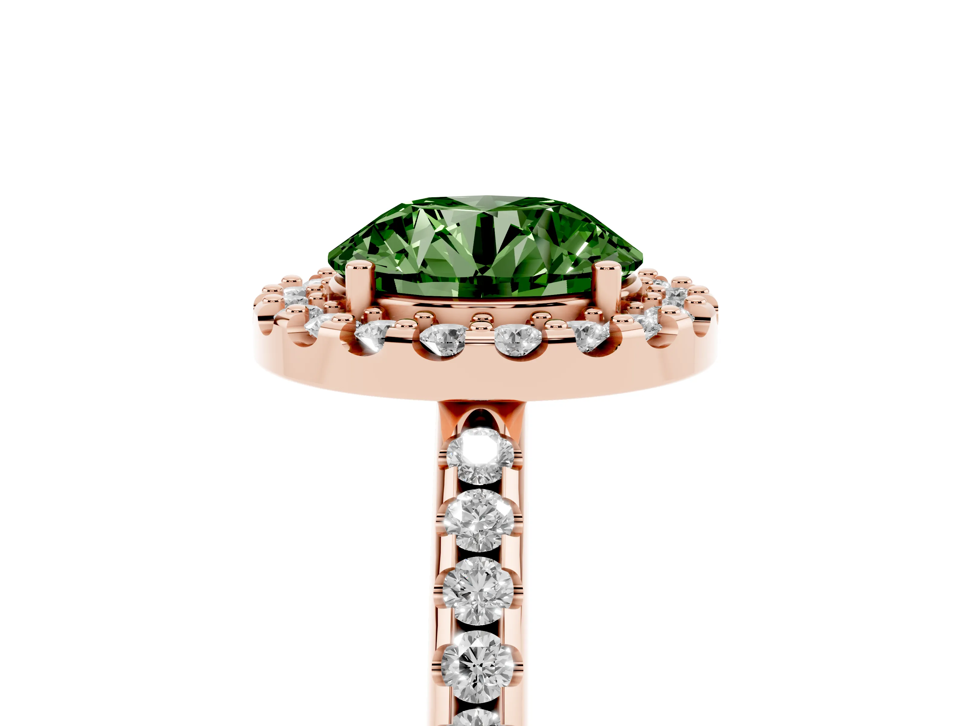 Round Pave Halo Engagement Ring Setting for a Fancy Green Lab-Grown Diamond | Pave Band | Rose Gold