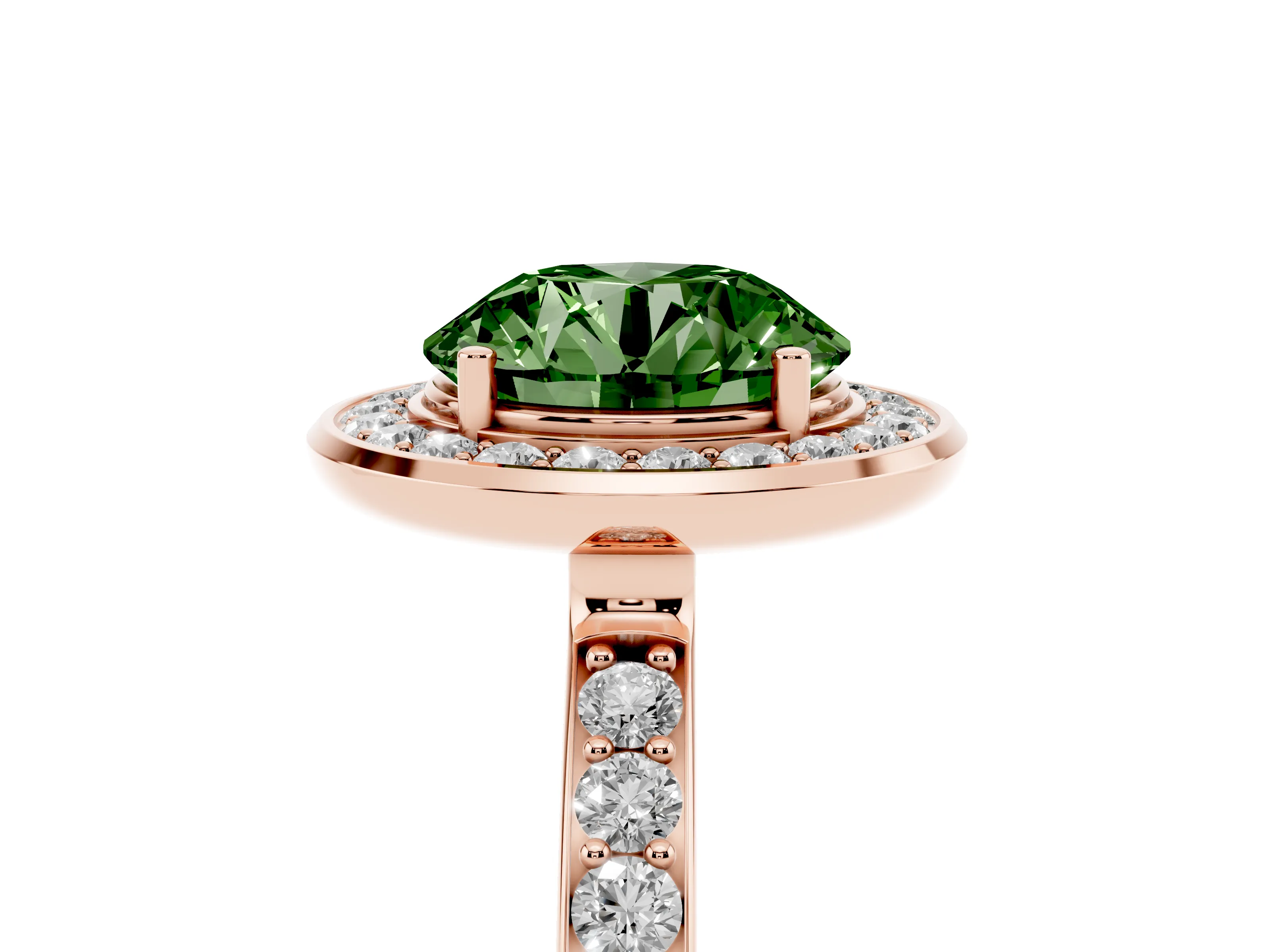 Fancy Green Round Cut Diamond Halo Ring Set in Rose gold with Bezel Frame and Pavé Band