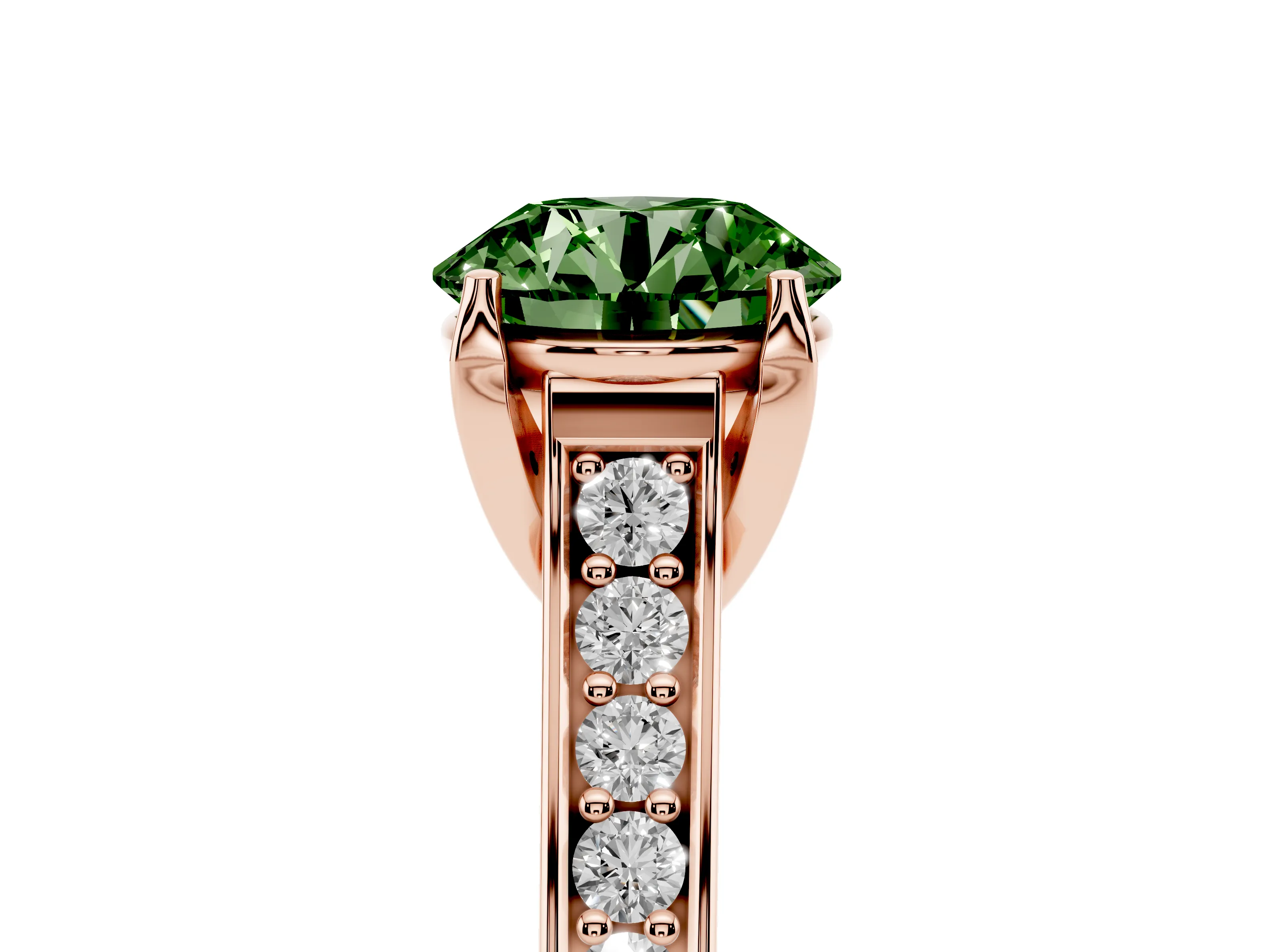 Fancy Green Round Cut Diamond Solitaire Pavé Engagement Ring Set in Rose gold with Prong Setting