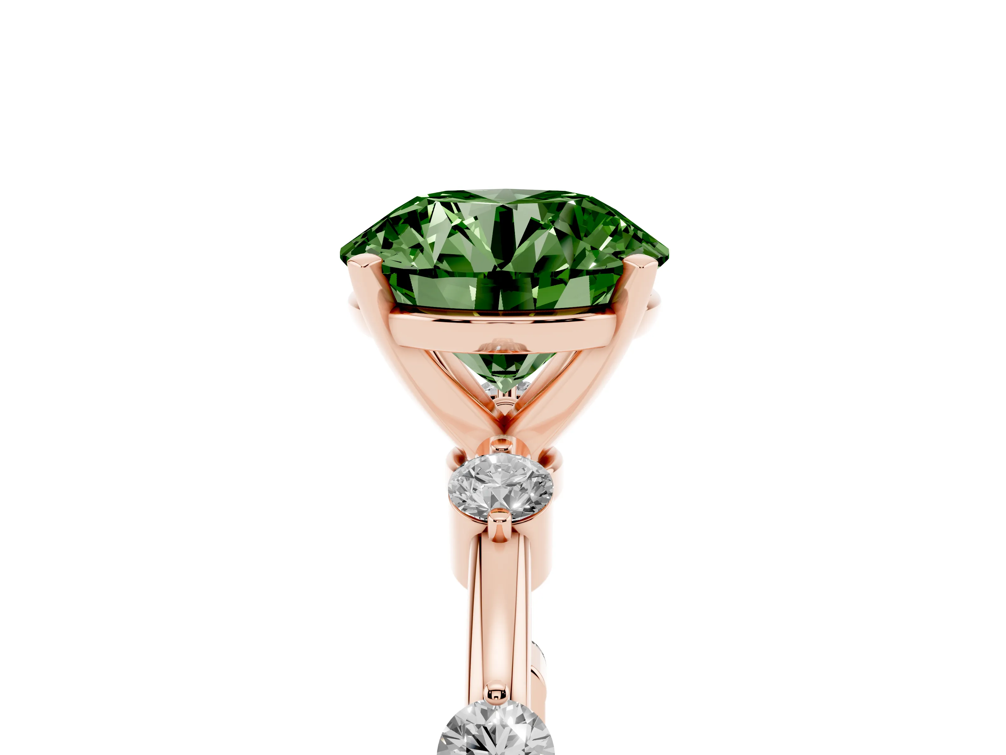 Fancy Green Round Cut Diamond Solitaire Ring Set in Rose gold with Bezel Set Side Stones and Prong Setting