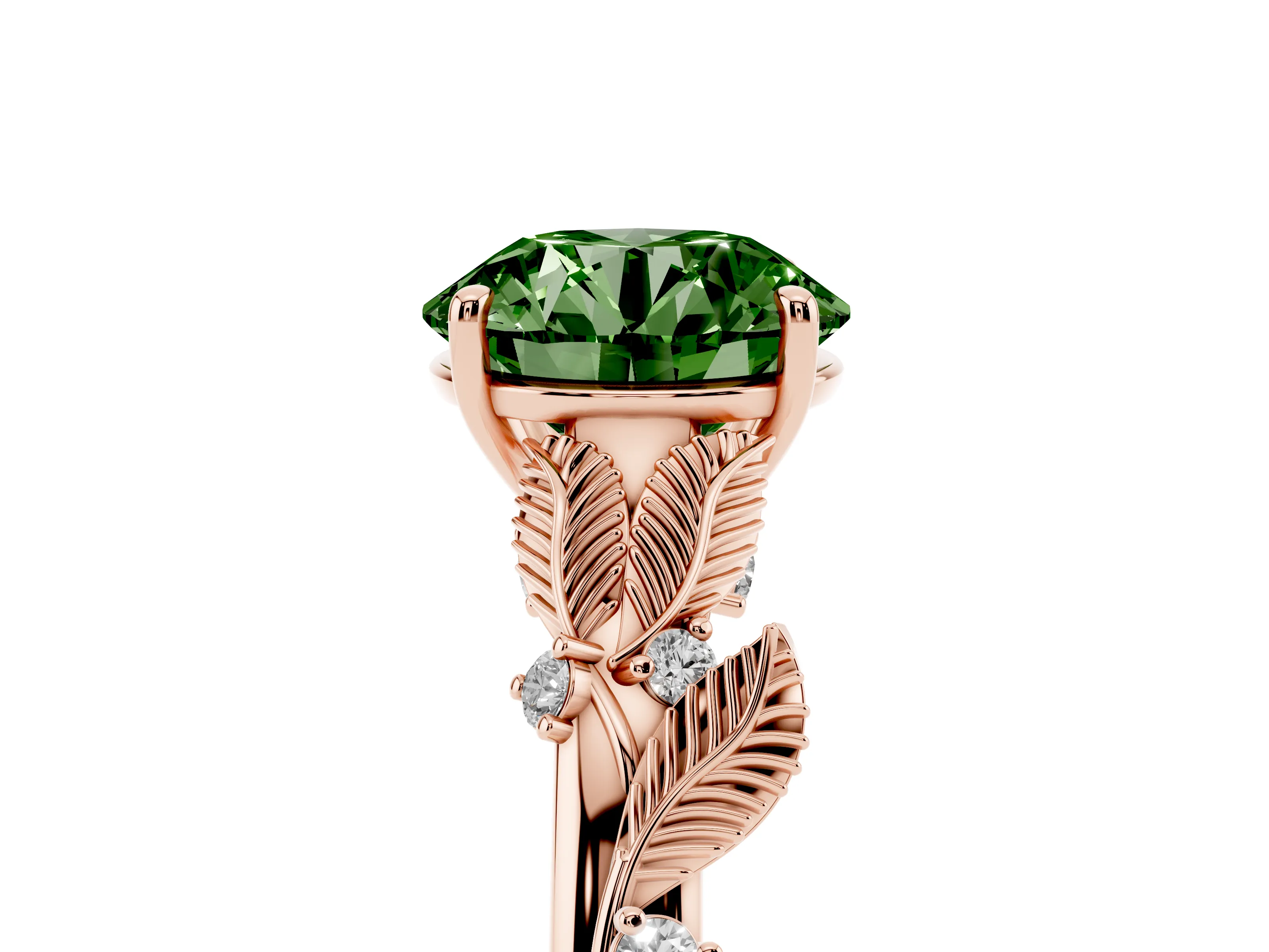 Fancy Green Round Cut Diamond Solitaire Ring Set in Rose gold with Leaf Motif Band