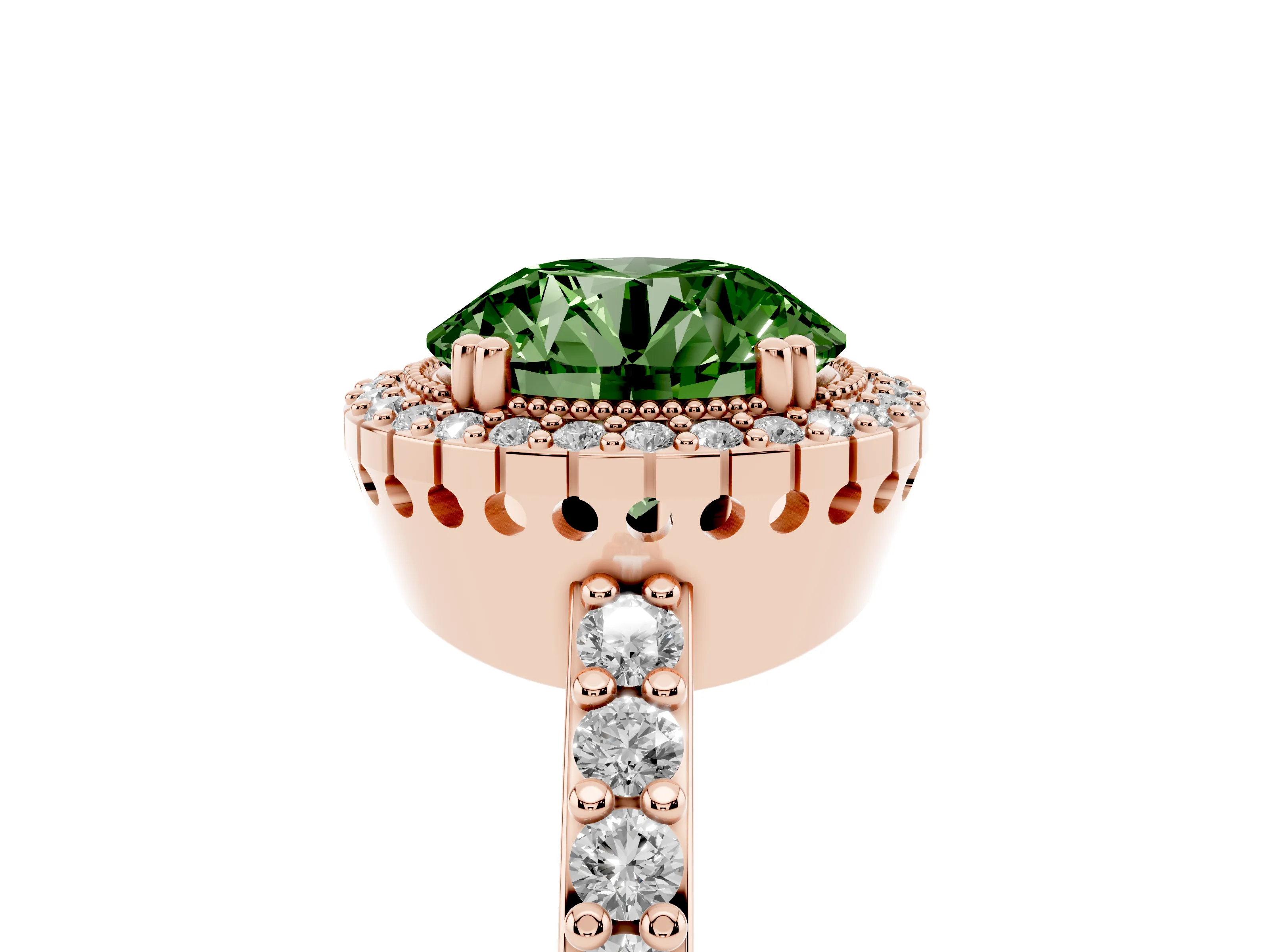 Fancy Green Round Cut Diamond Halo Engagement Ring Set in Rose gold with Milgrain Detail and Pavé Band