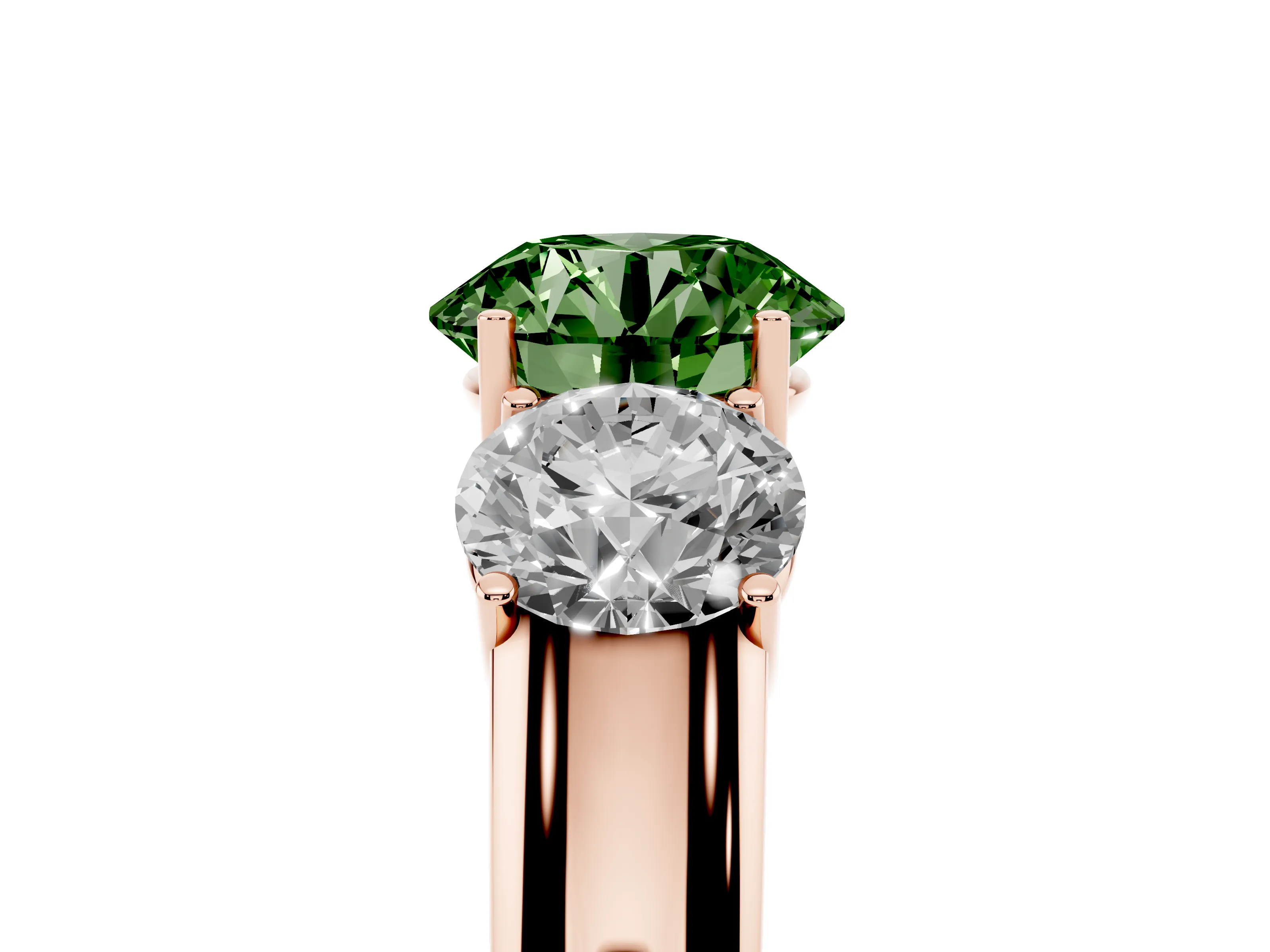 Fancy Green Three-Stone Round Cut Diamond Ring Set in Rose gold with Matching Prong Settings and Plain Band