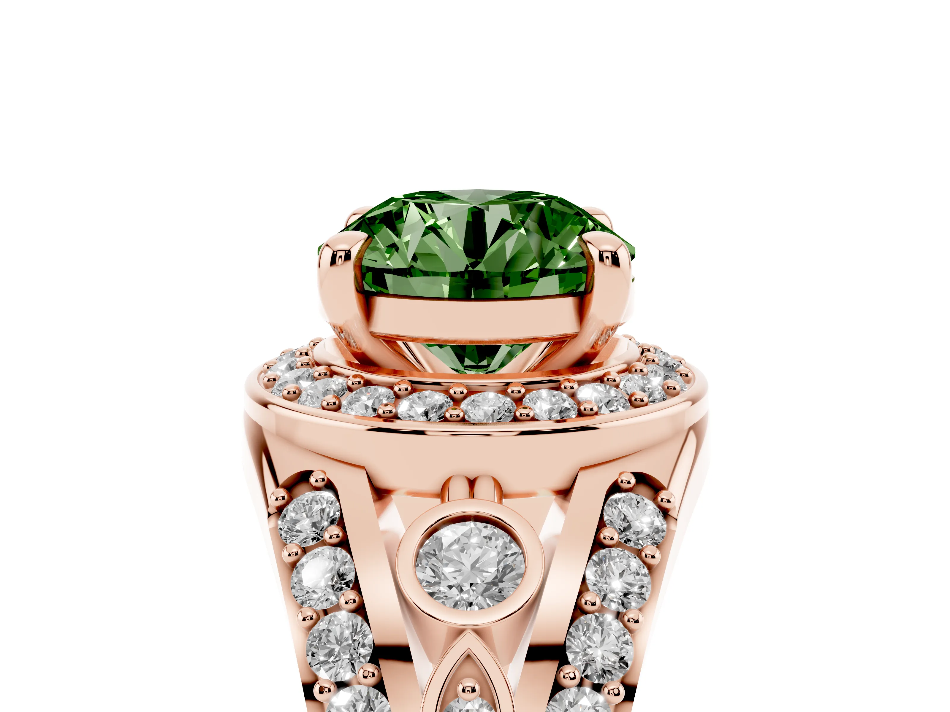 Fancy Green Round Cut Diamond Halo Ring Set in Rose gold with Pavé Split Shank and Bezel Accents