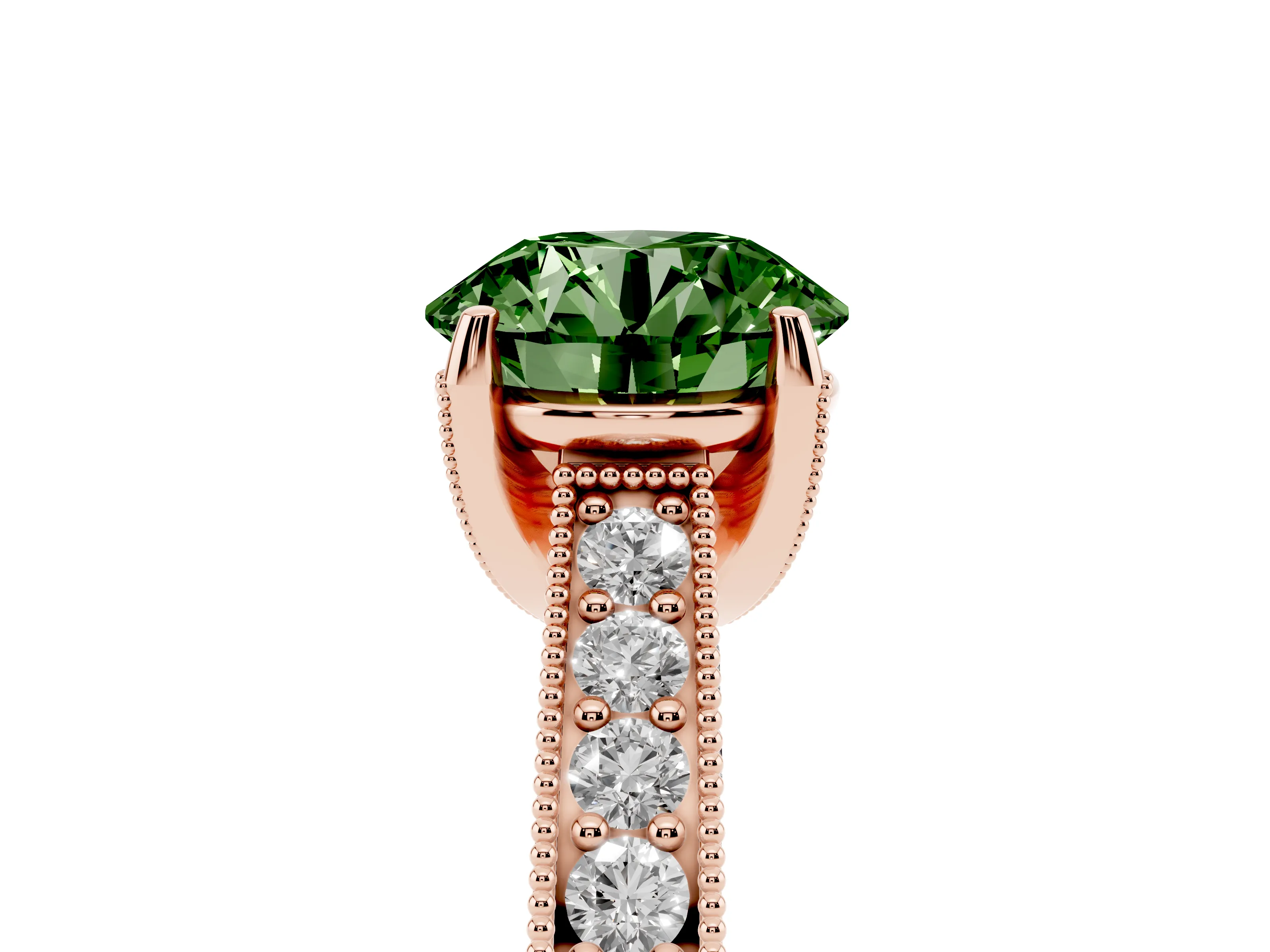 Fancy Green Round Cut Diamond Solitaire Ring Set in Rose gold with Milgrain-Edged Pavé Band and Prong Setting