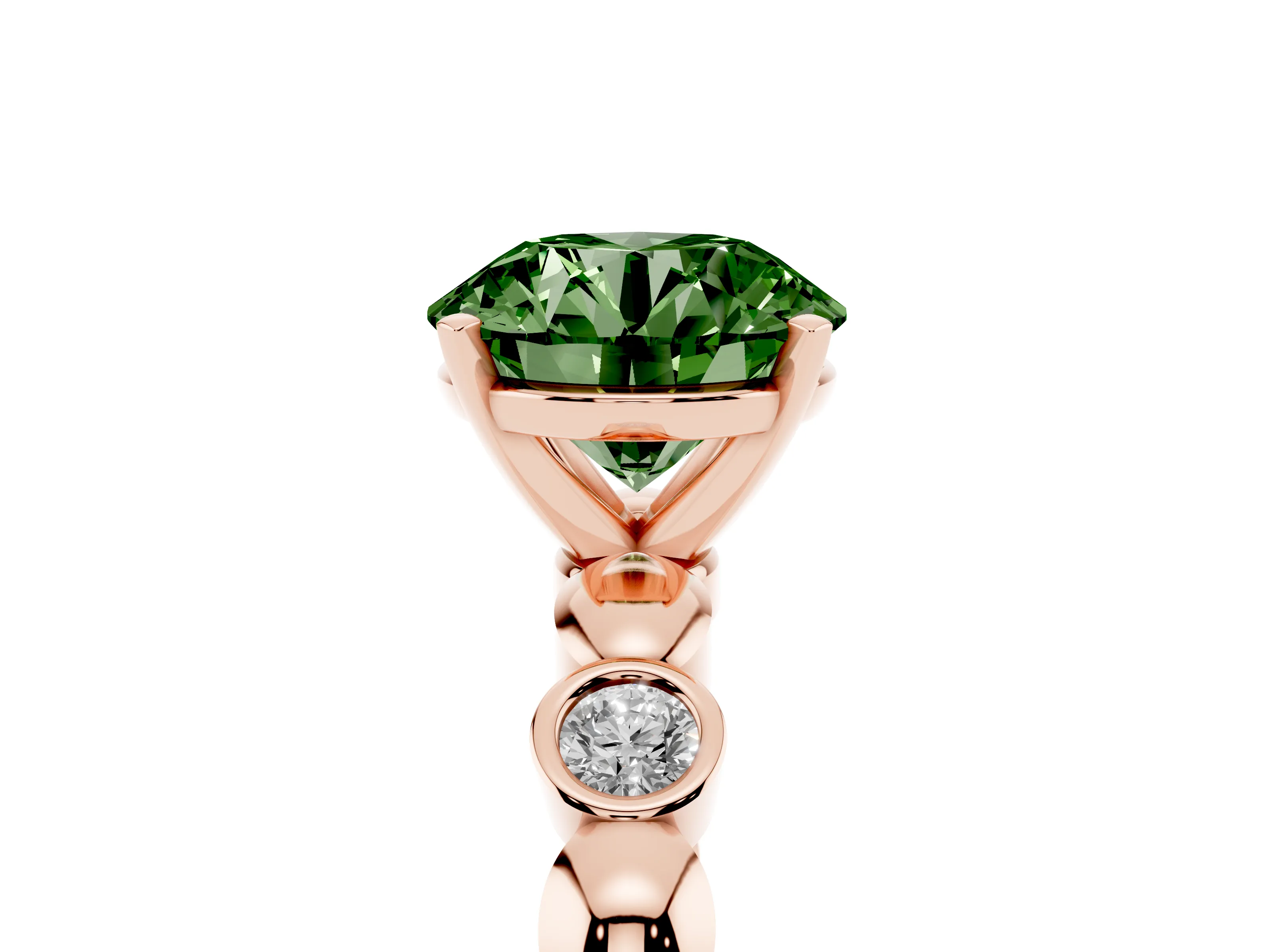Fancy Green Round Cut Diamond Solitaire Ring Set in Rose gold with Bezel-Set Accents on Beaded Band and Prong Setting