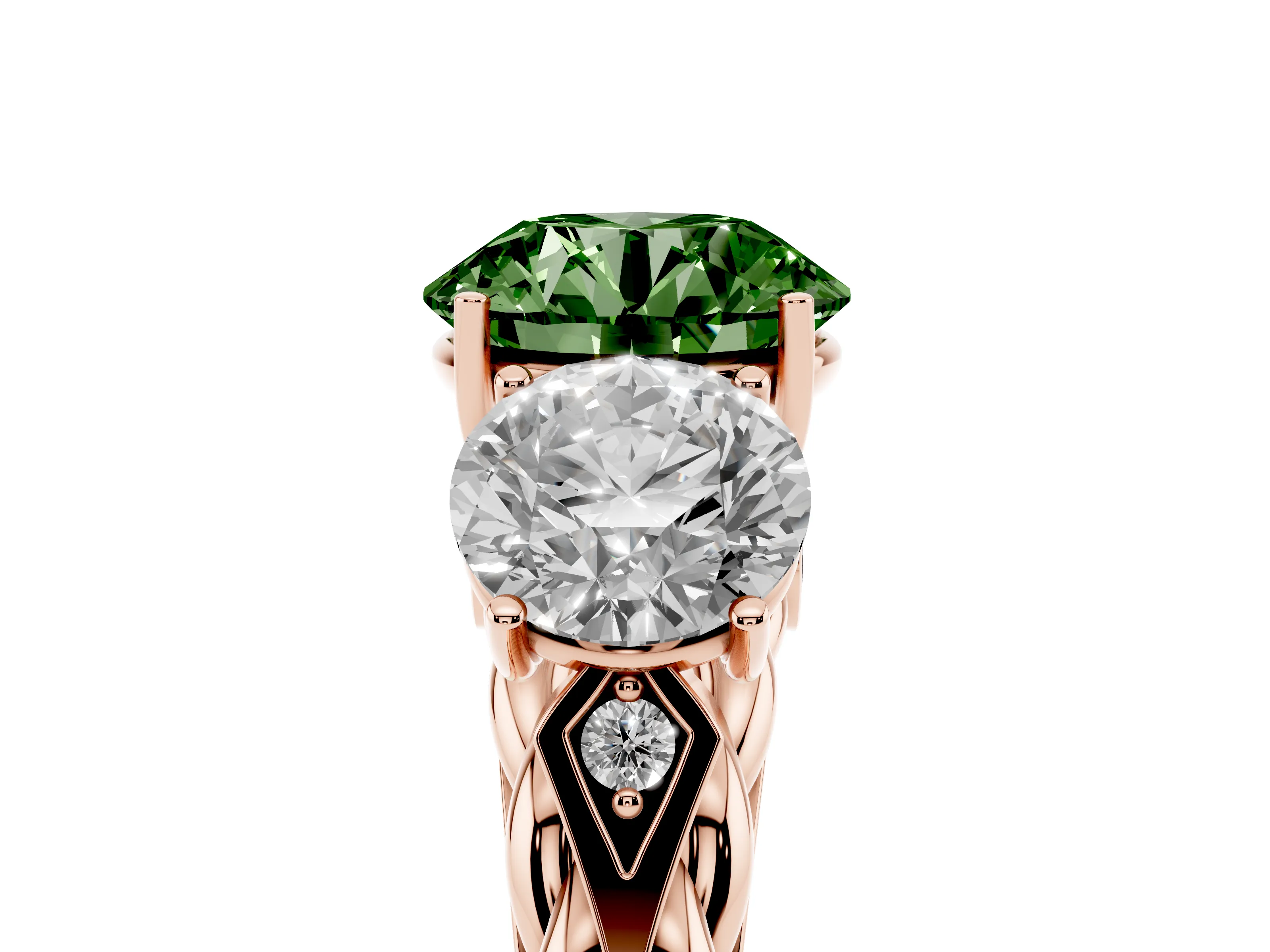 Fancy Green Round Cut Diamond Three-Stone Ring Set in Rose gold with Braided Band