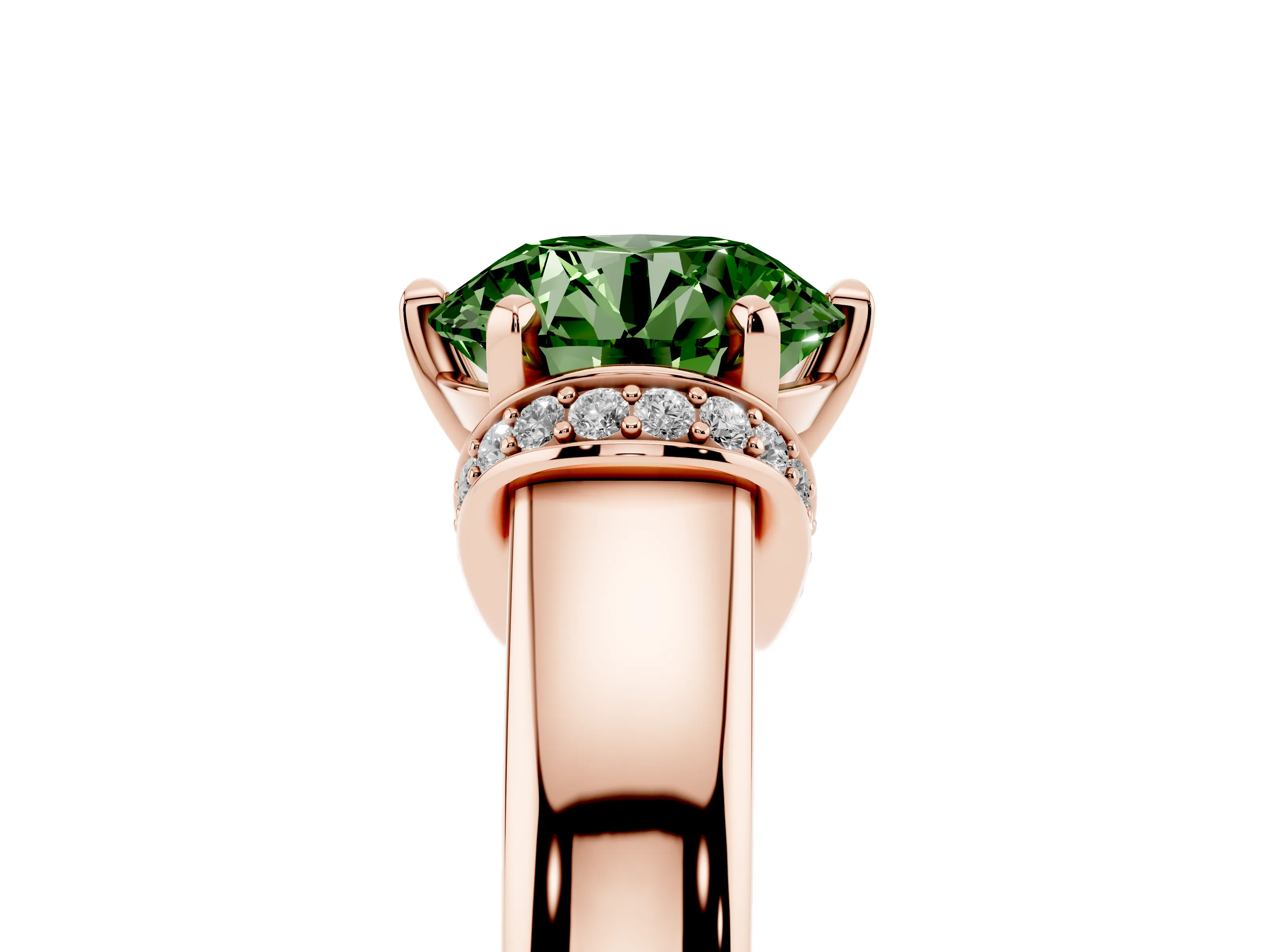 Fancy Green Round Cut Diamond Pavé Band Solitaire Ring Set in Rose gold with Prong Setting
