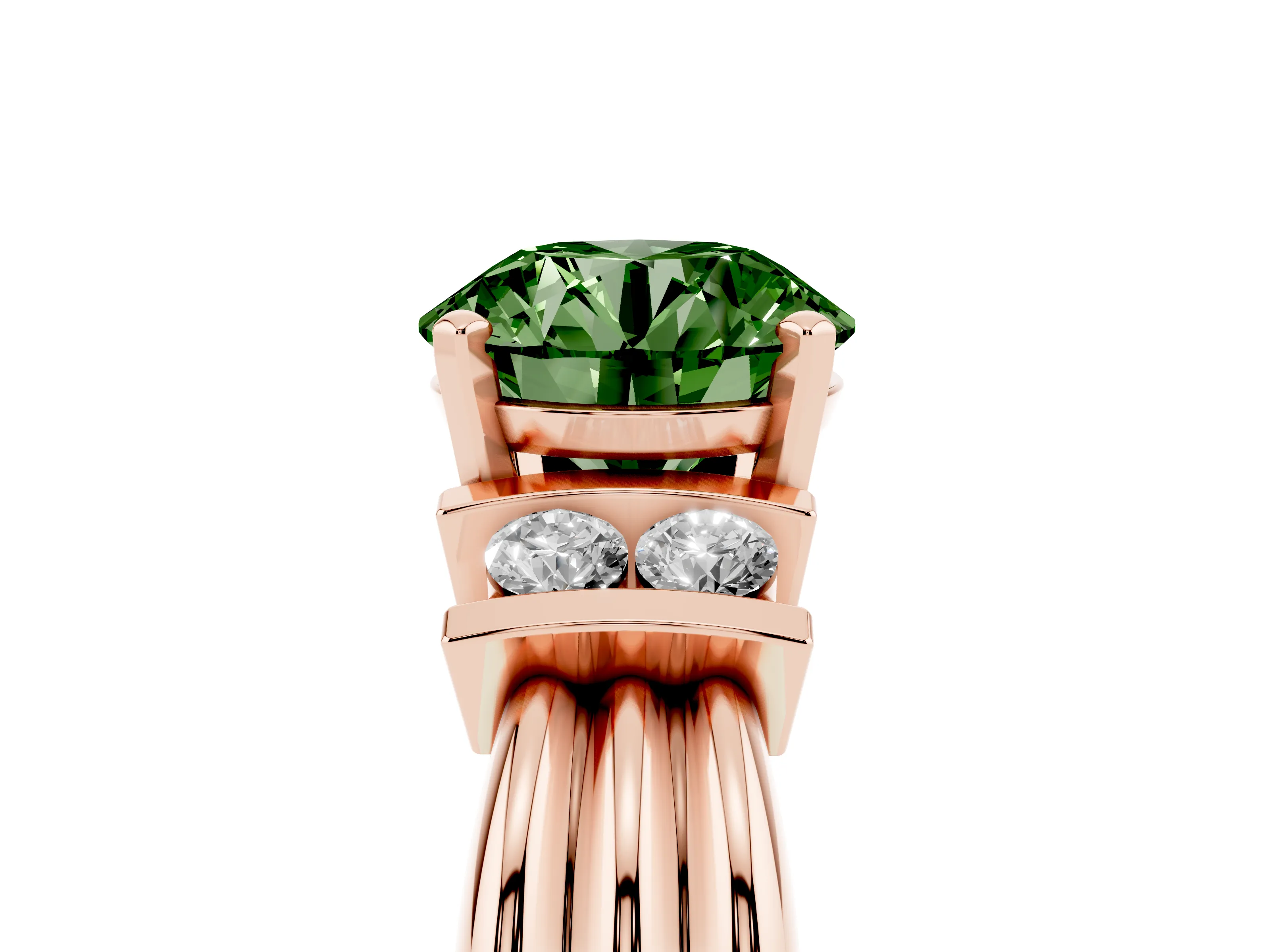 Fancy Green Three-Stone Round Cut Diamond Channel Set Ring Set in Rose gold with Bar Prongs