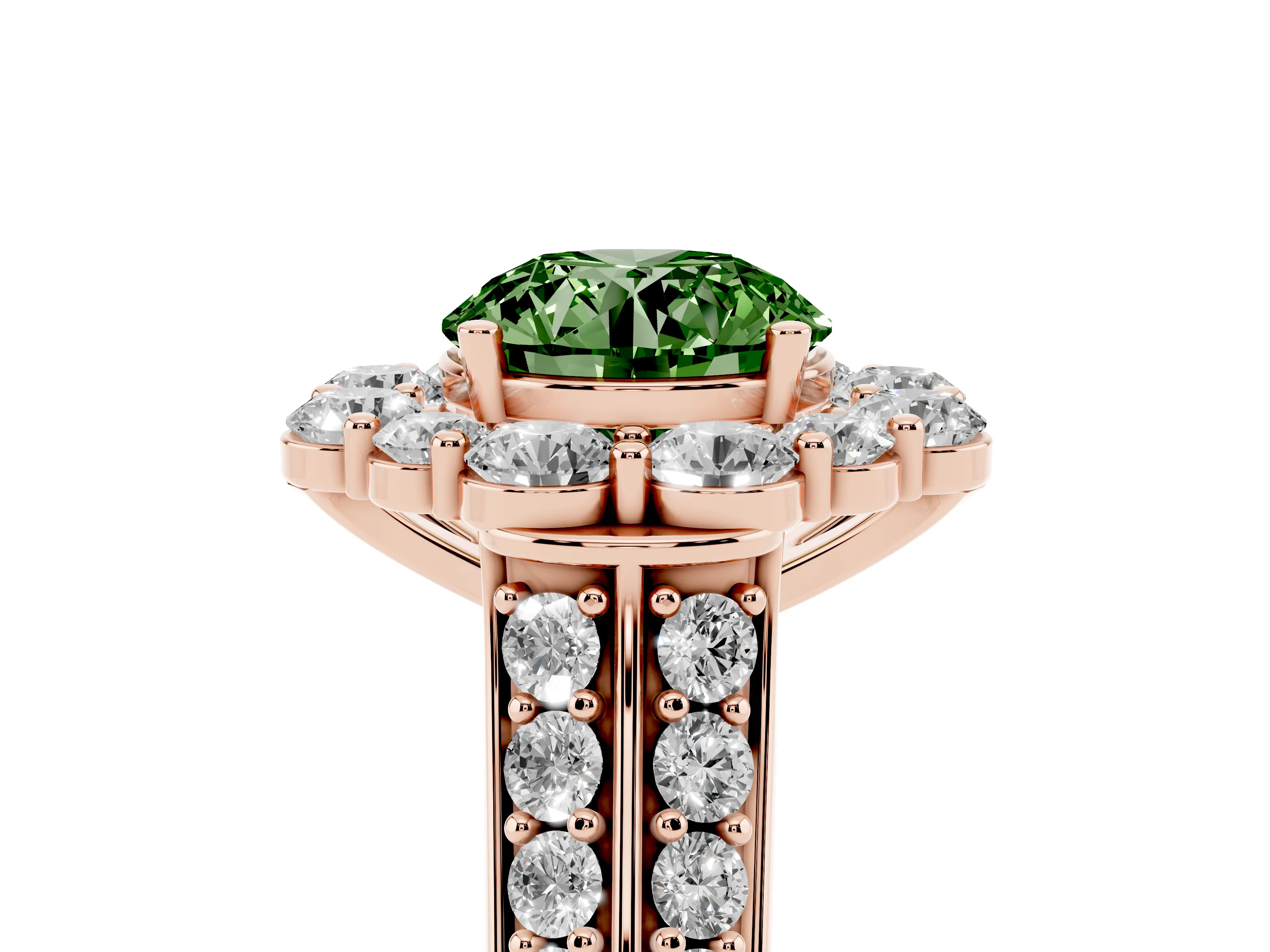Fancy Green Round Cut Diamond Halo Engagement Ring Set in Rose gold with Split Shank and Prong Setting