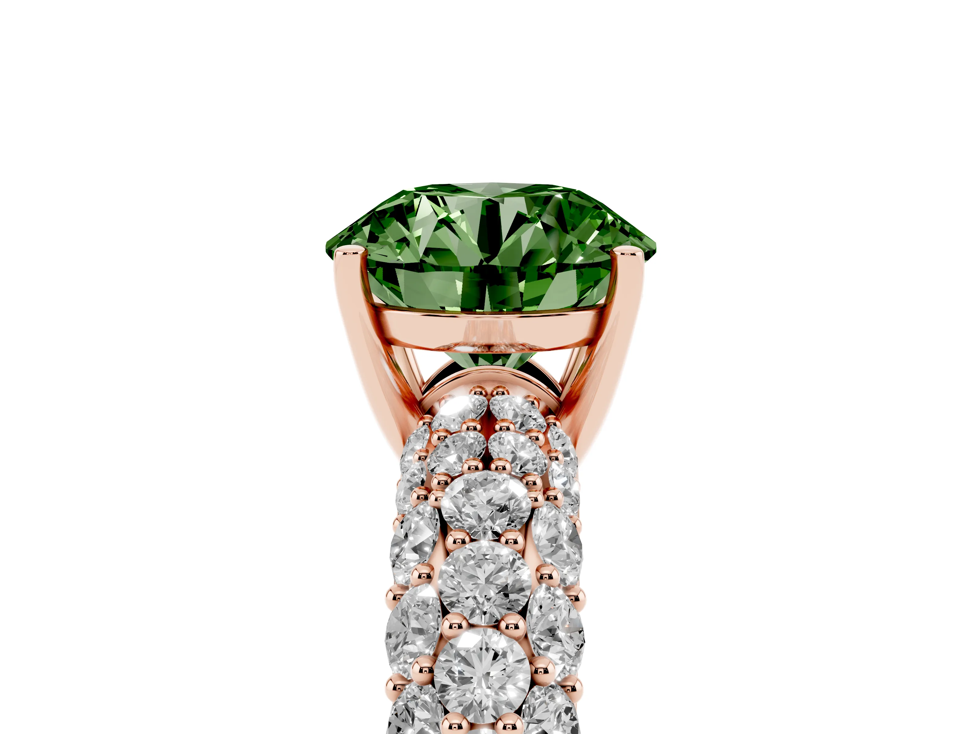 Fancy Green Round Cut Diamond Pavé Band Solitaire Ring Set in Rose gold with Close-Set Accent Stones and Prong Setting