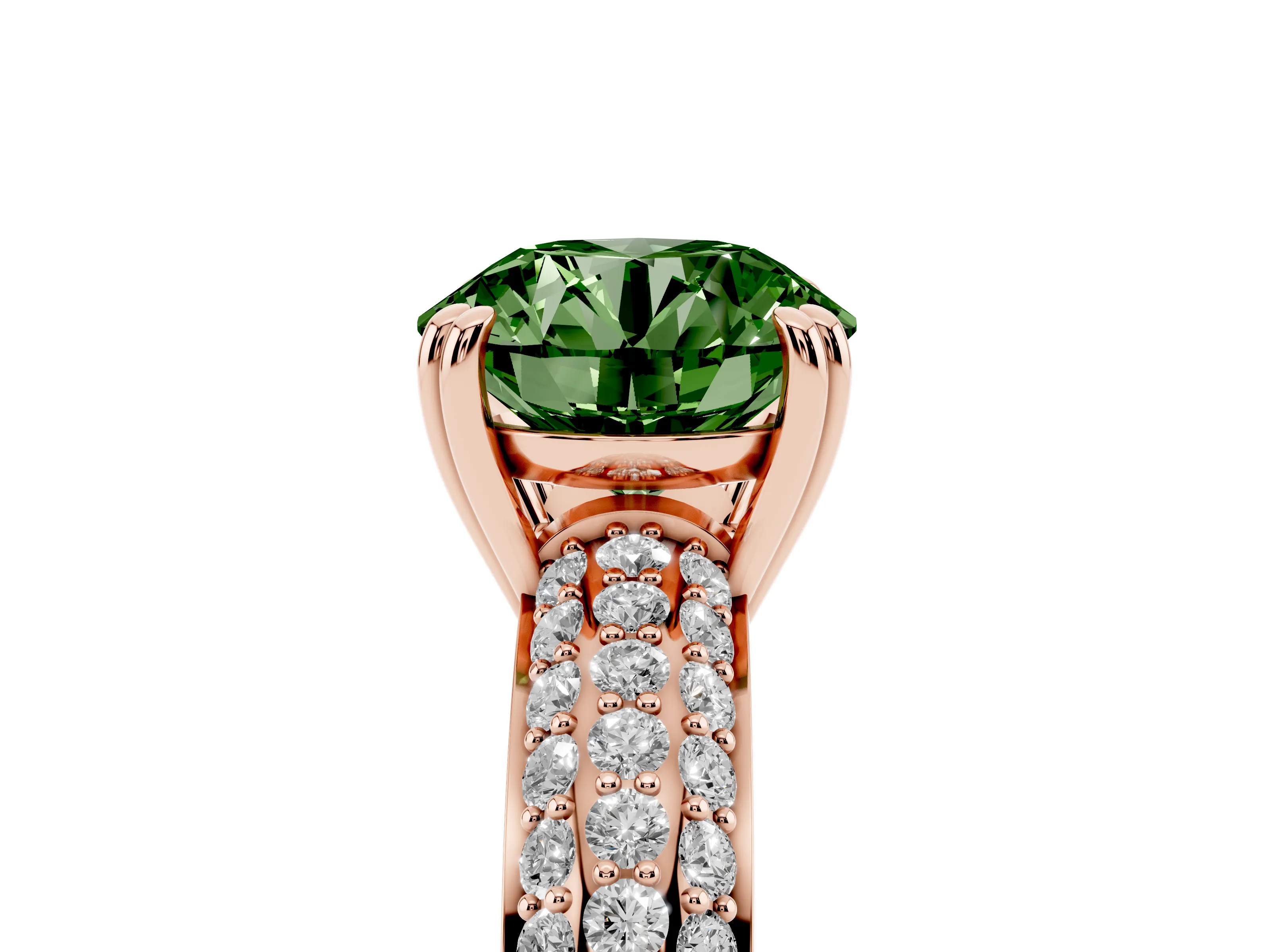 Fancy Green Round Cut Diamond Solitaire Ring Set in Rose gold with Multi-Row Round Pavé Band and Prong Setting