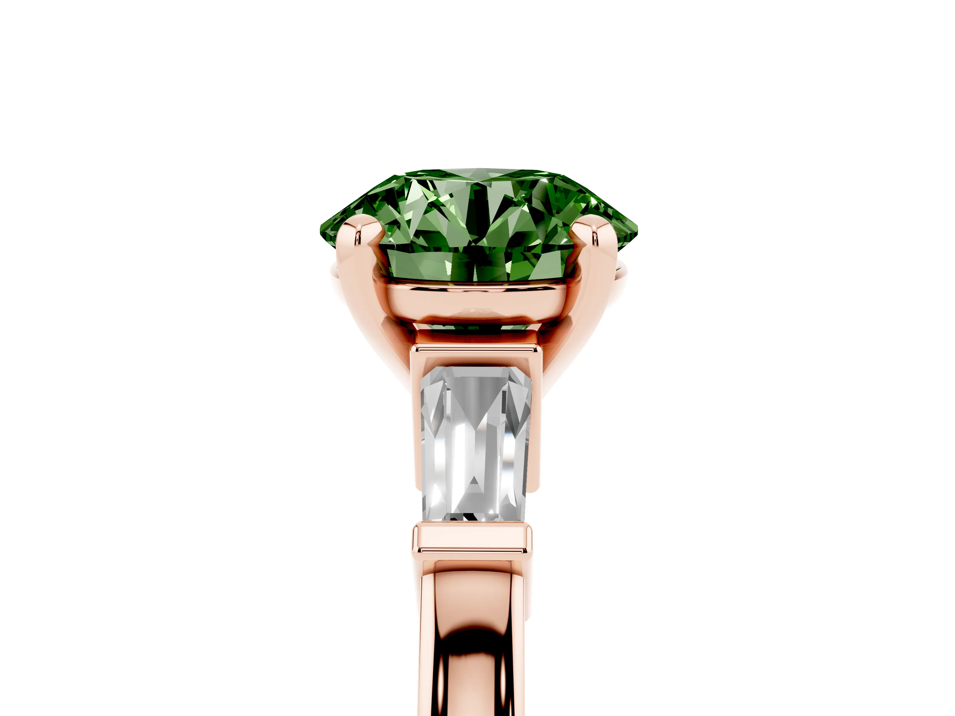Fancy Green Round Cut Diamond Solitaire Ring Set in Rose gold with Tapered Baguette Accents and Prong Setting