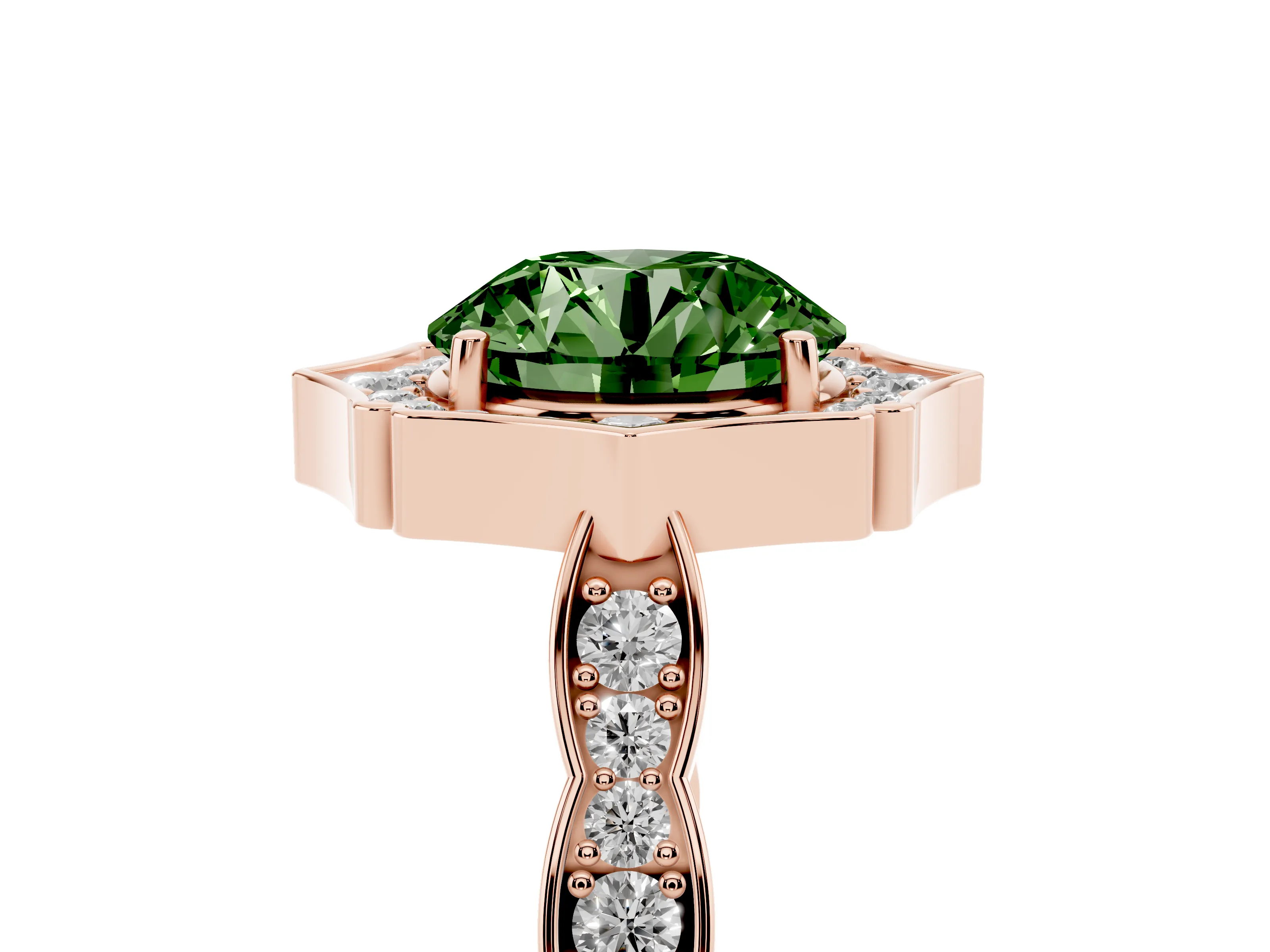Fancy Green Round Cut Diamond Halo Engagement Ring Set in Rose gold with Milgrain Band and Prong Setting