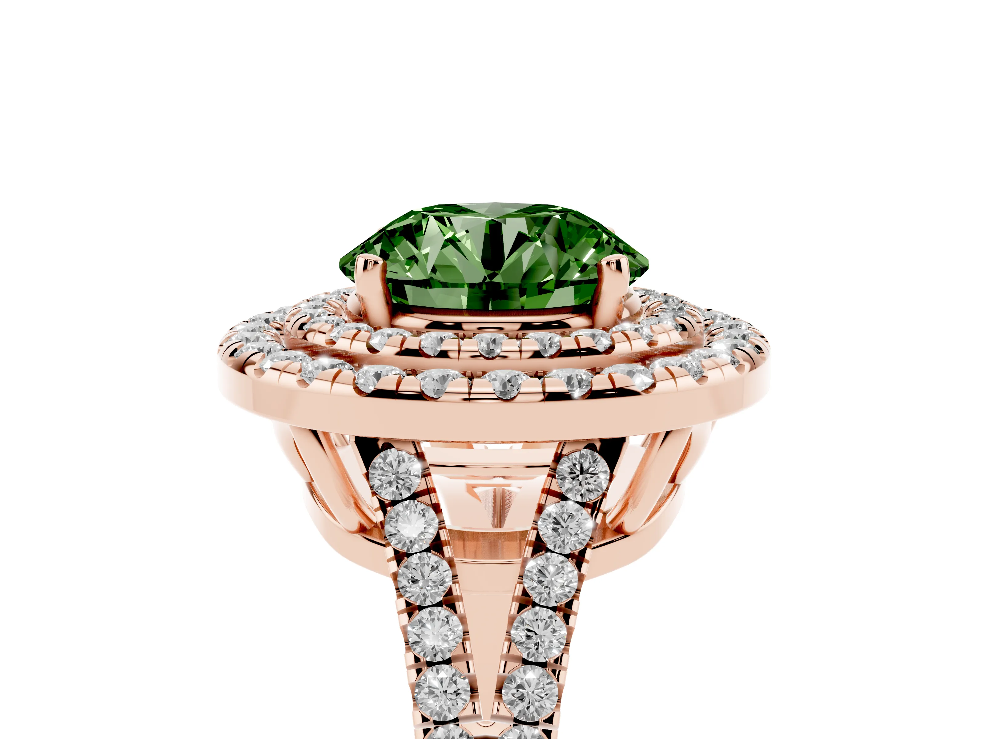 Fancy Green Round Cut Diamond Double Halo Ring Set in Rose gold with Pavé Band