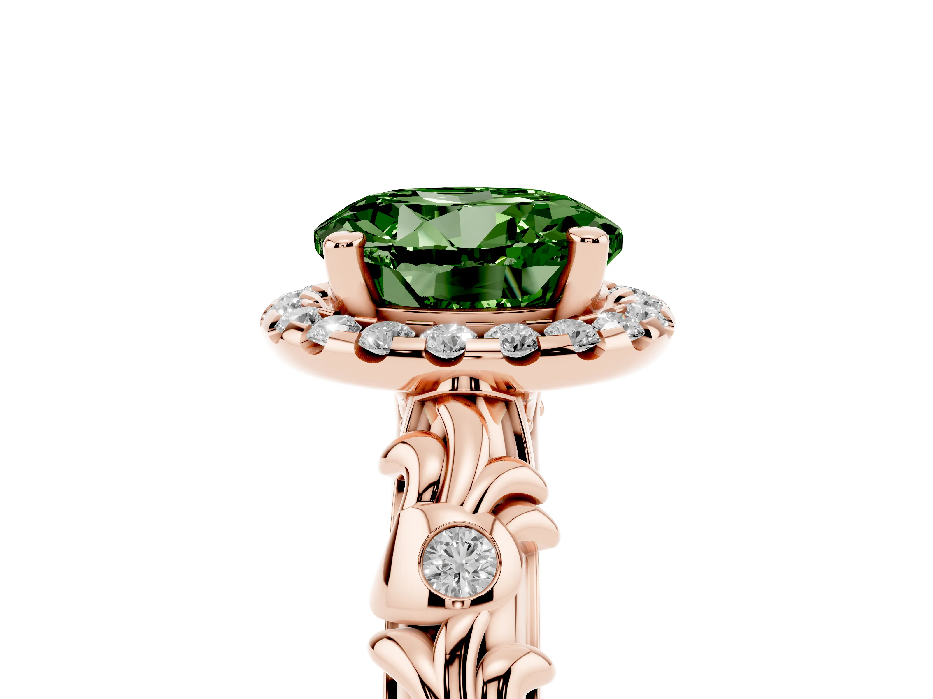 Fancy Green Round Cut Diamond Halo Ring Set in Rose gold with Filigree Leaf Band and Prong Setting