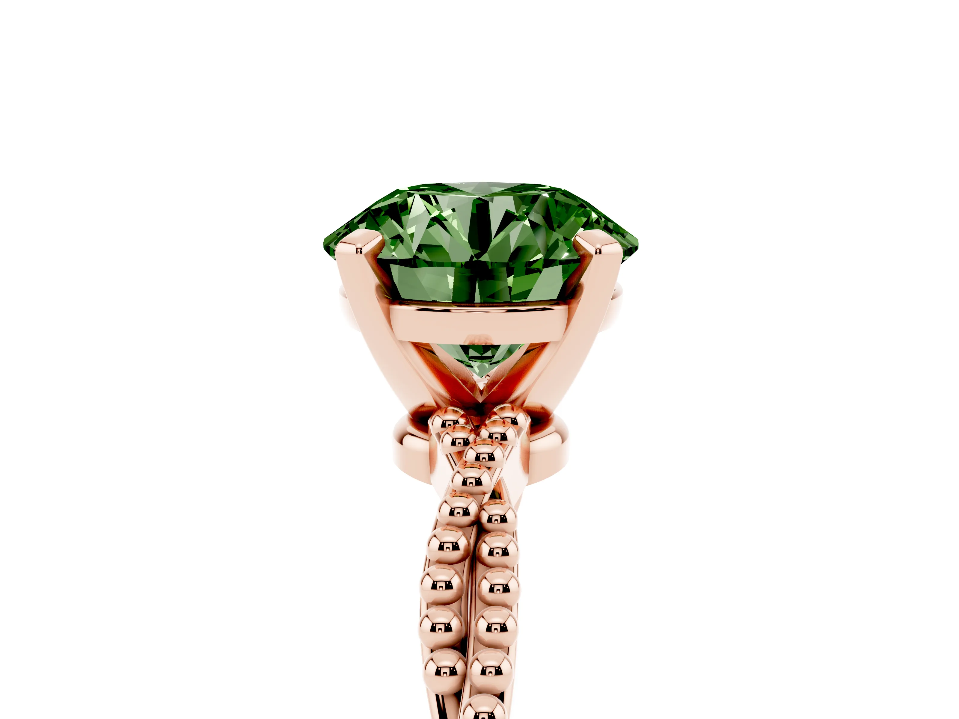Fancy Green Round Cut Diamond Solitaire Ring Set in Rose gold with Twisted Band and Bead Prong Setting