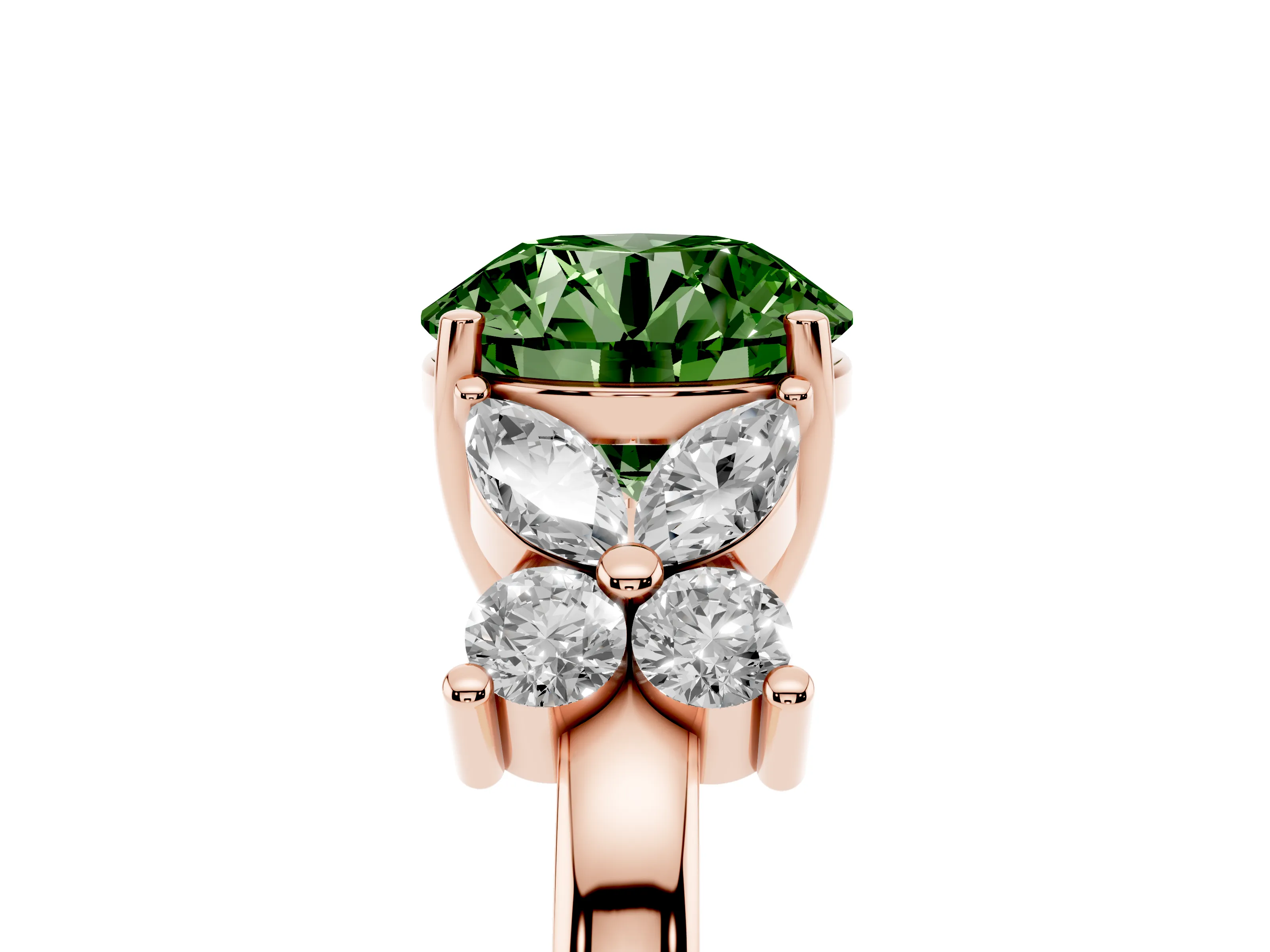 Fancy Green Round Cut Diamond Floral Cluster Ring Set in Rose gold with Marquise Petals and Prong Setting