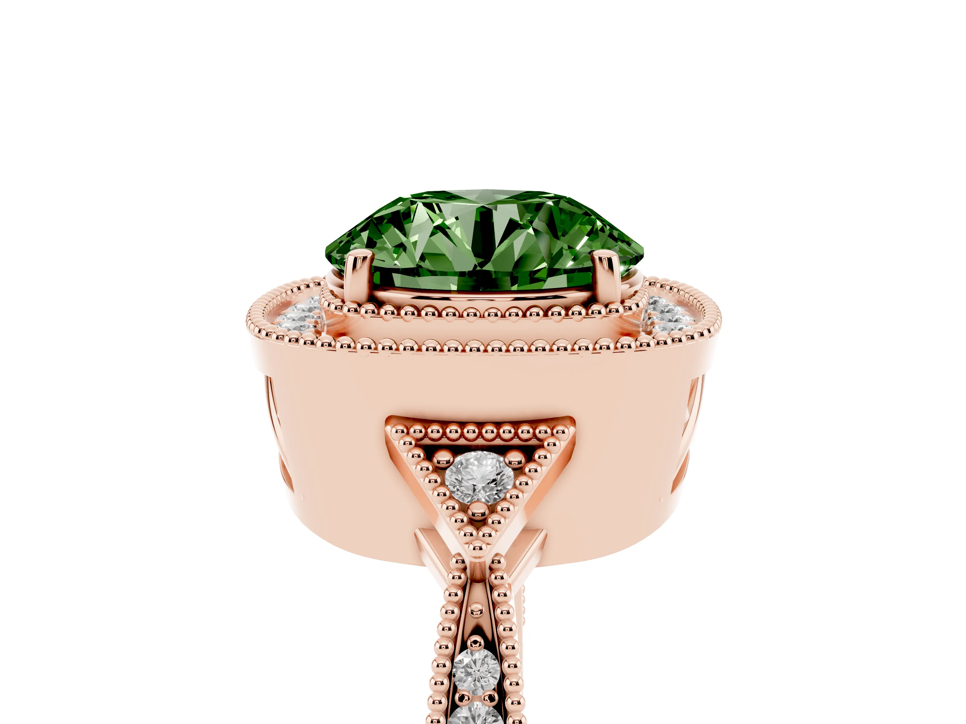 Fancy Green Round Cut Diamond Halo Engagement Ring Set in Rose gold with Milgrain Pavé Band