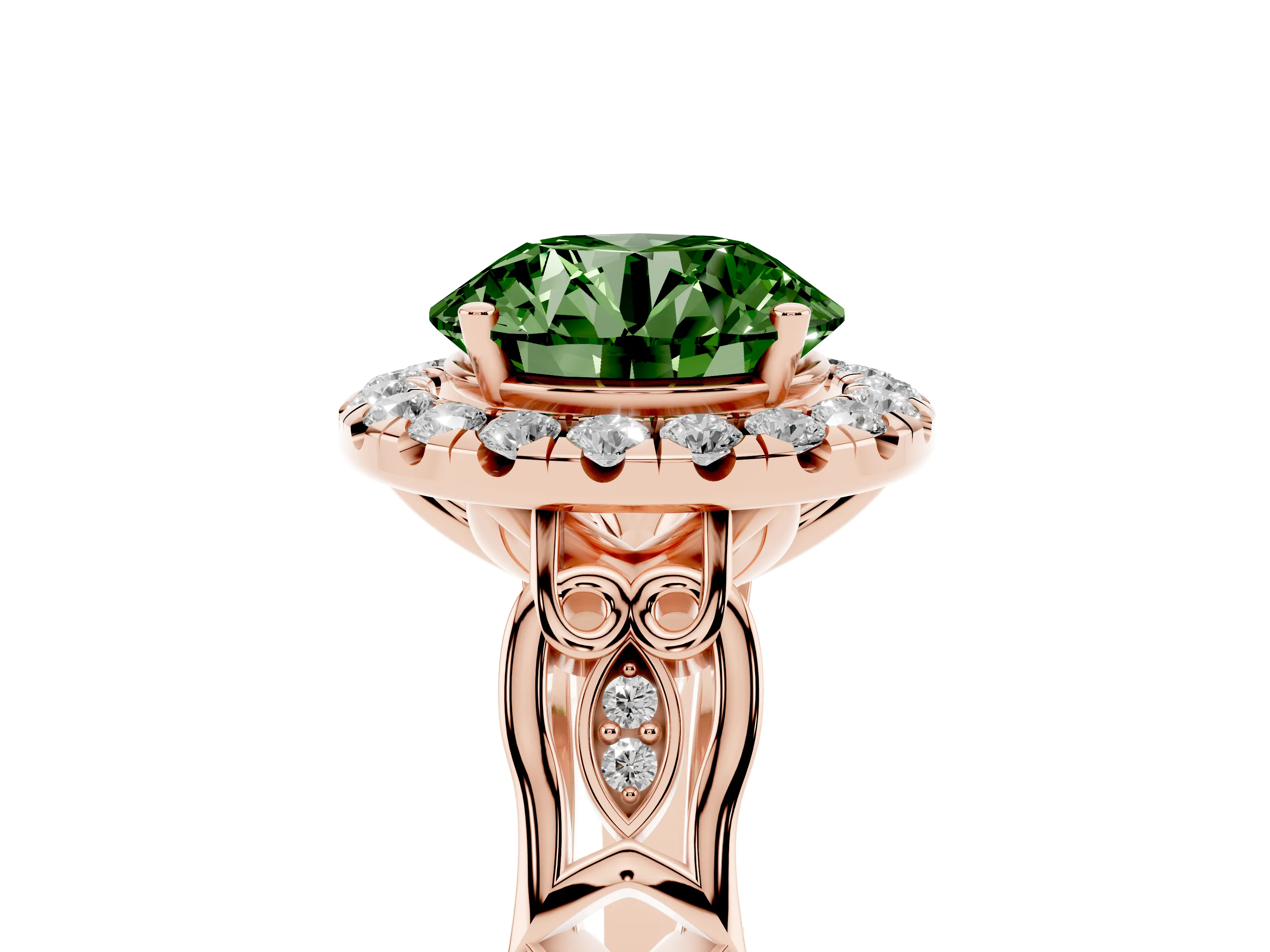 Fancy Green Round Cut Diamond Halo Engagement Ring Set in Rose gold with Filigree Band and Prong-Set Center
