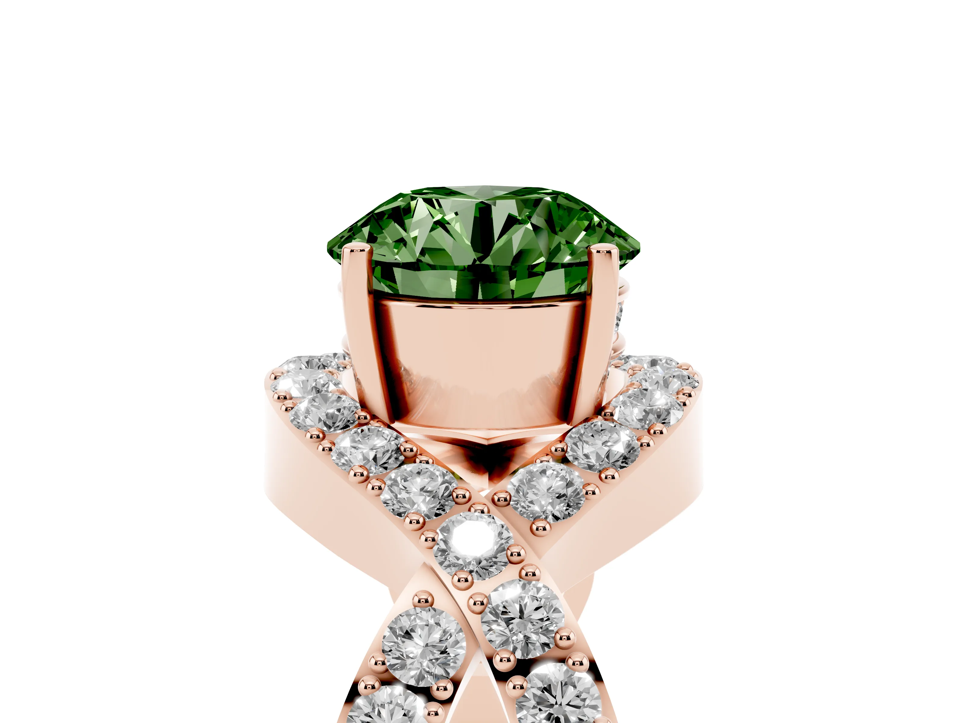 Fancy Green Round Cut Diamond Solitaire Twist Band Pavé Engagement Ring Set in Rose gold