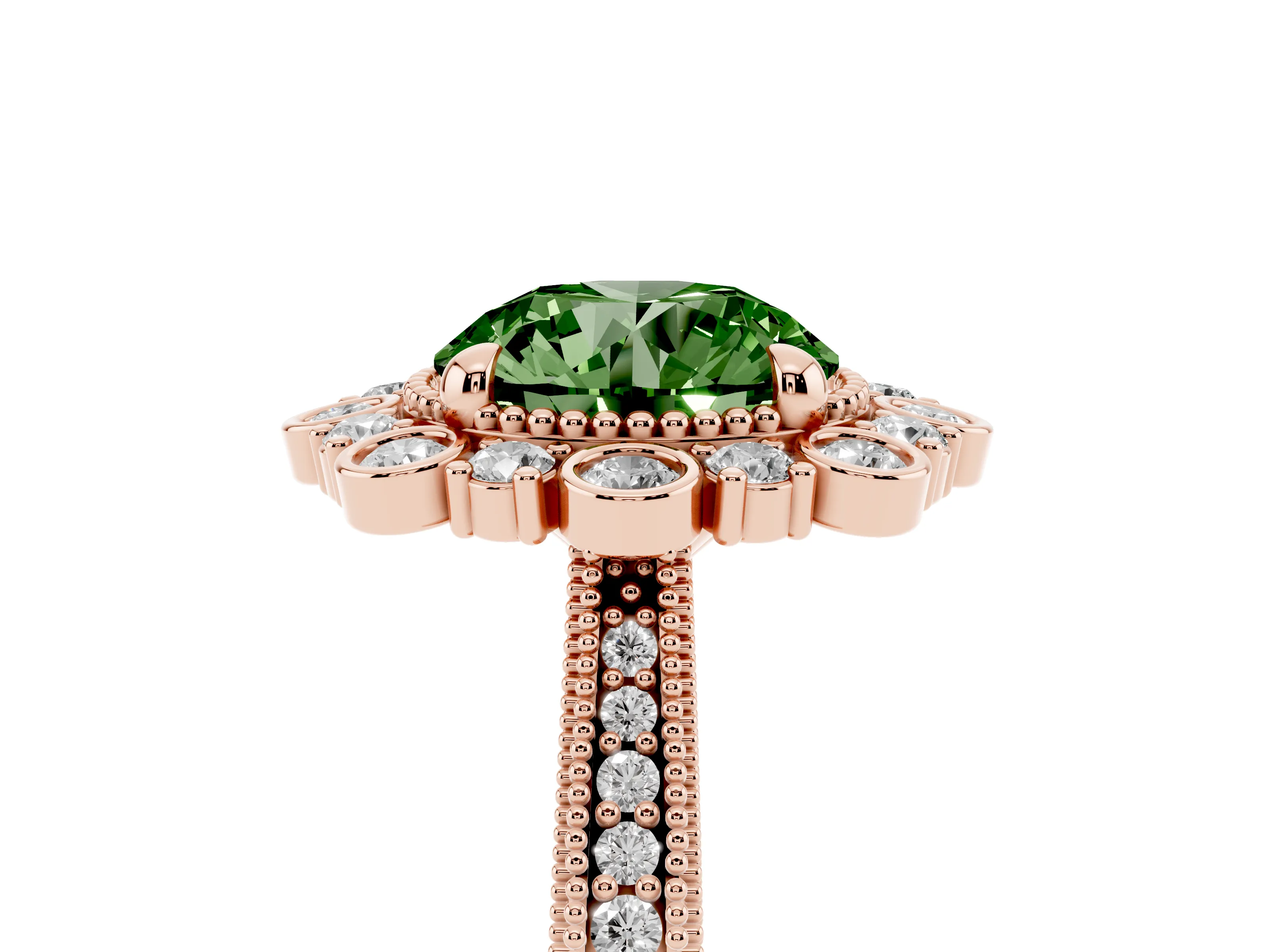 Fancy Green Round Cut Diamond Halo Milgrain Pavé Ring Set in Rose gold with Prong Setting