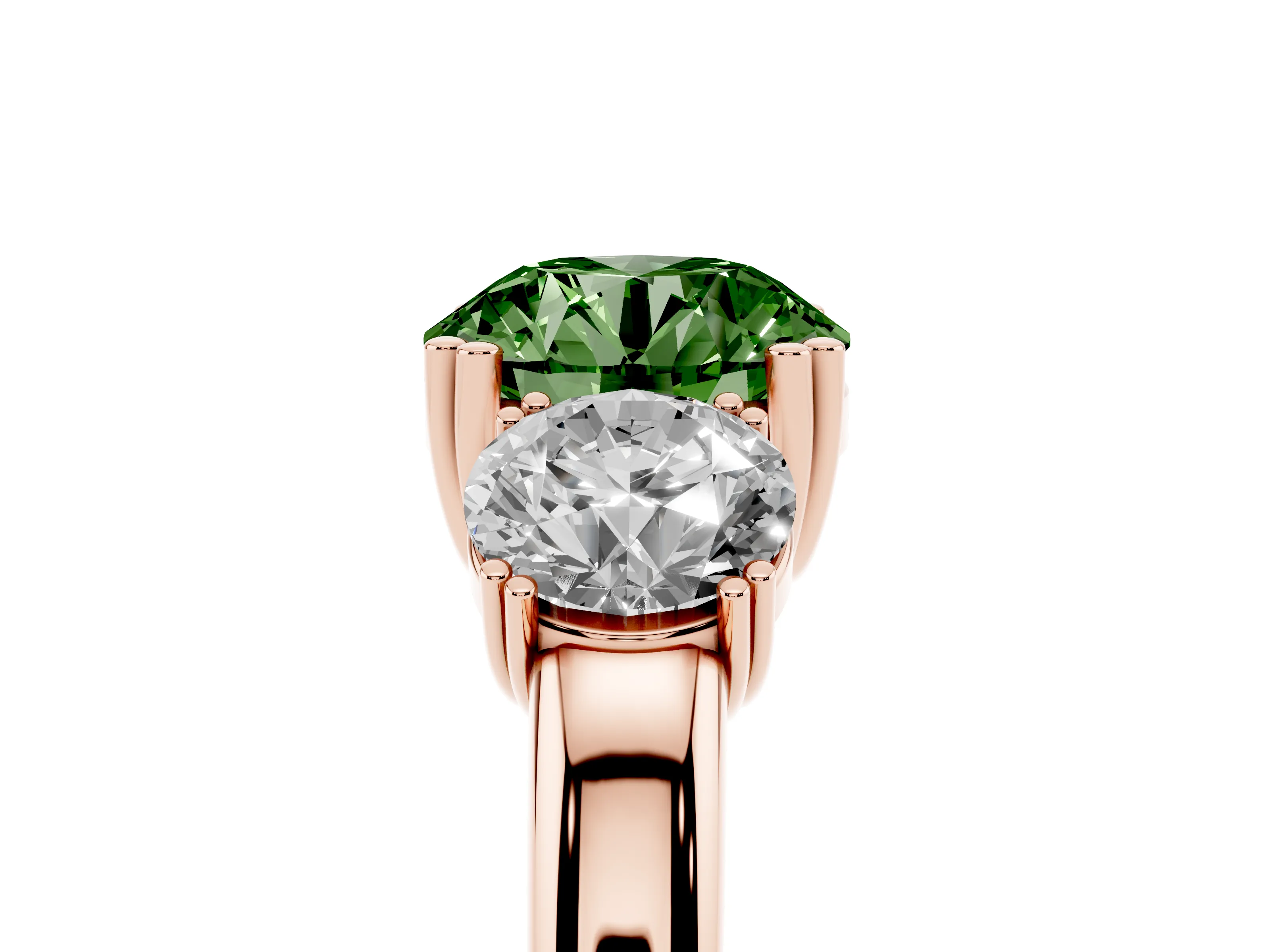 Fancy Green Round Cut Diamond Three-Stone Ring Set in Rose gold with Polished Channel-Set Band