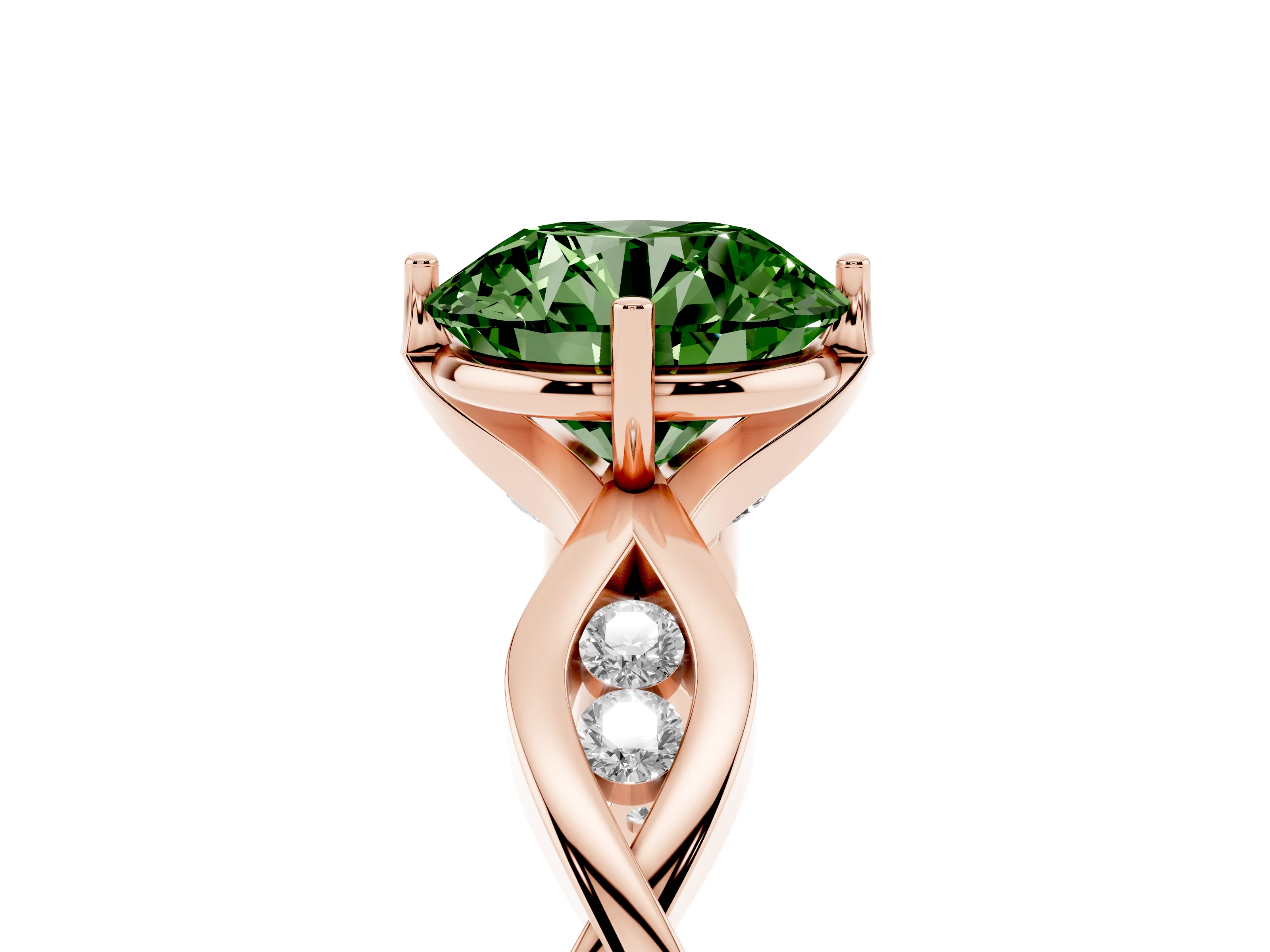 Fancy Green Round Cut Diamond Twist Band Solitaire Ring Set in Rose gold with Leaf Prong Setting and Accent Stones