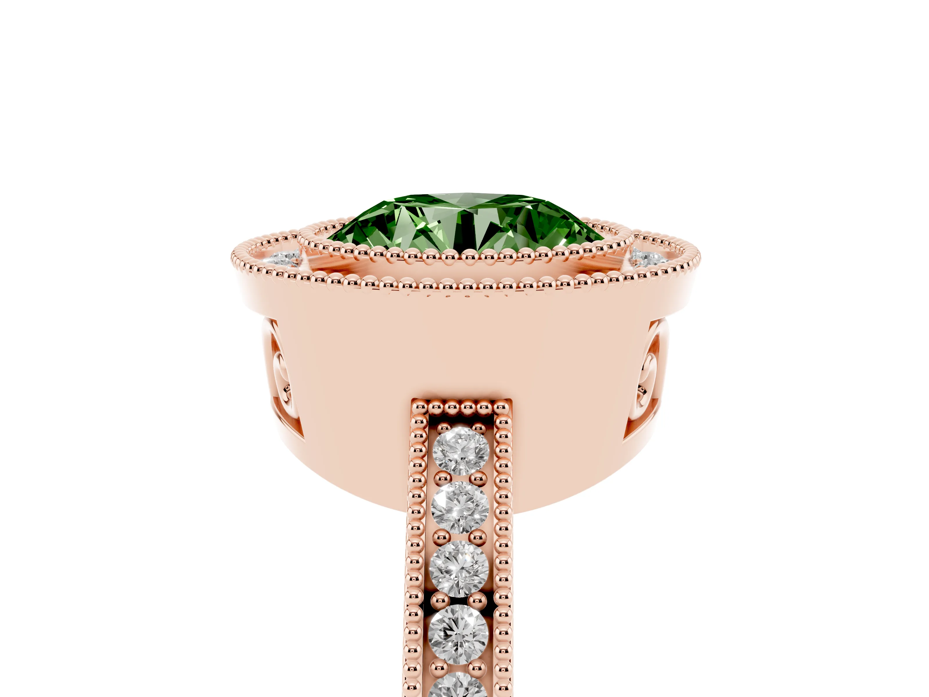 Fancy Green Round Cut Diamond Halo Ring Set in Rose gold with Pavé Band and Milgrain-Edged Prongs
