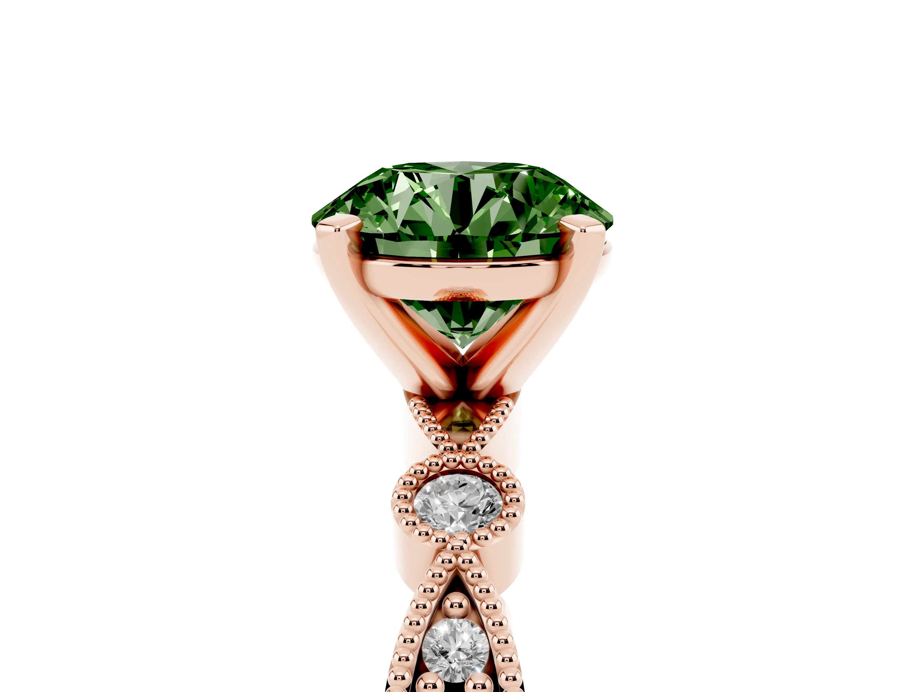 Fancy Green Round Cut Diamond Solitaire Engagement Ring Set in Rose gold with Milgrain Bezel Accent Band
