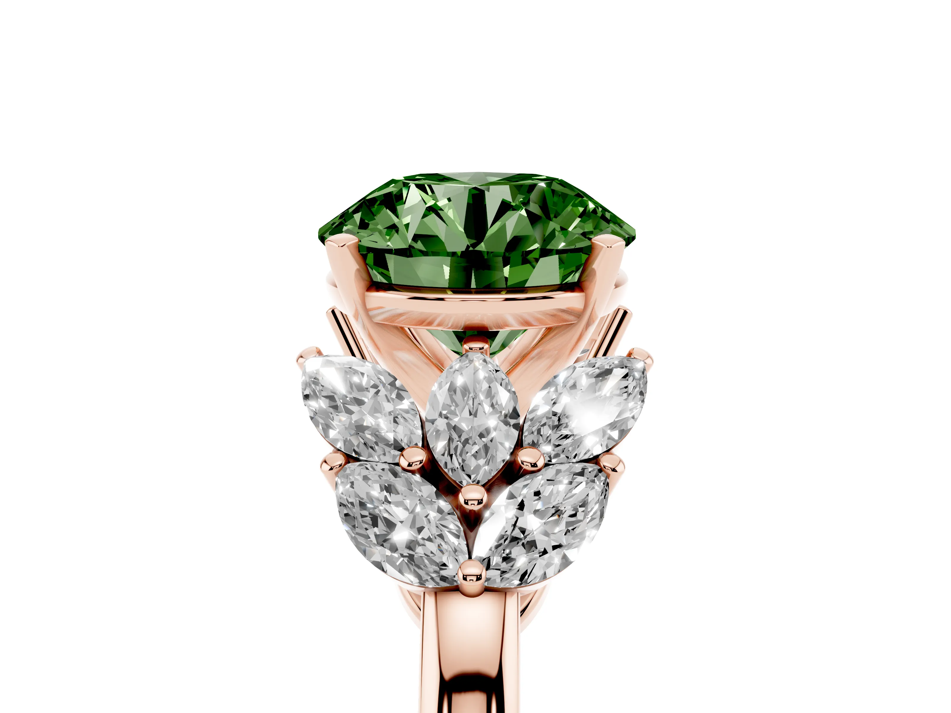 Fancy Green Round Cut Diamond Cluster Leaf Design Ring Set in Rose gold with Prong Setting