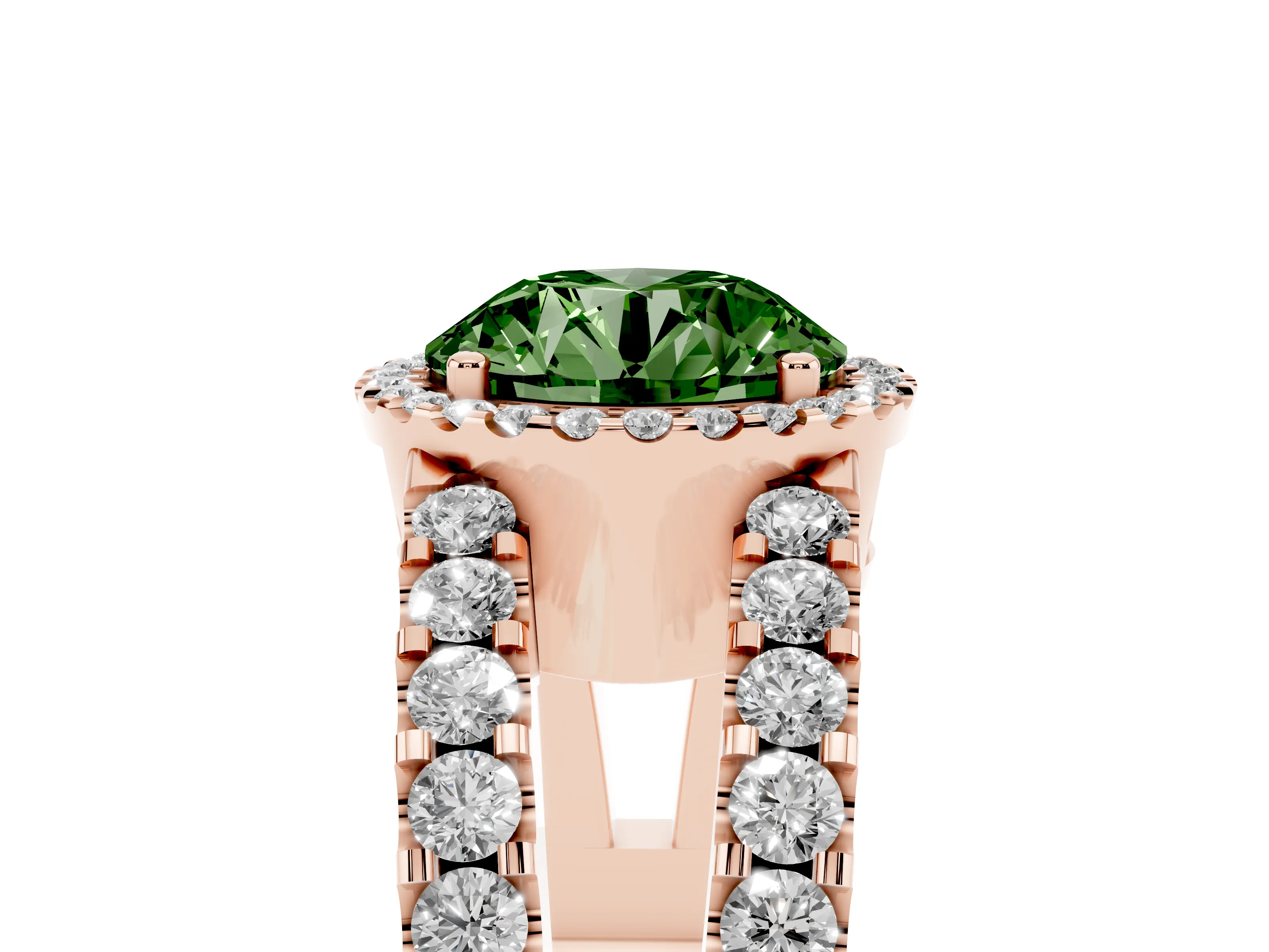 Fancy Green Round Cut Diamond Halo Ring Set in Rose gold with Pavé Split Shank and Prong Setting