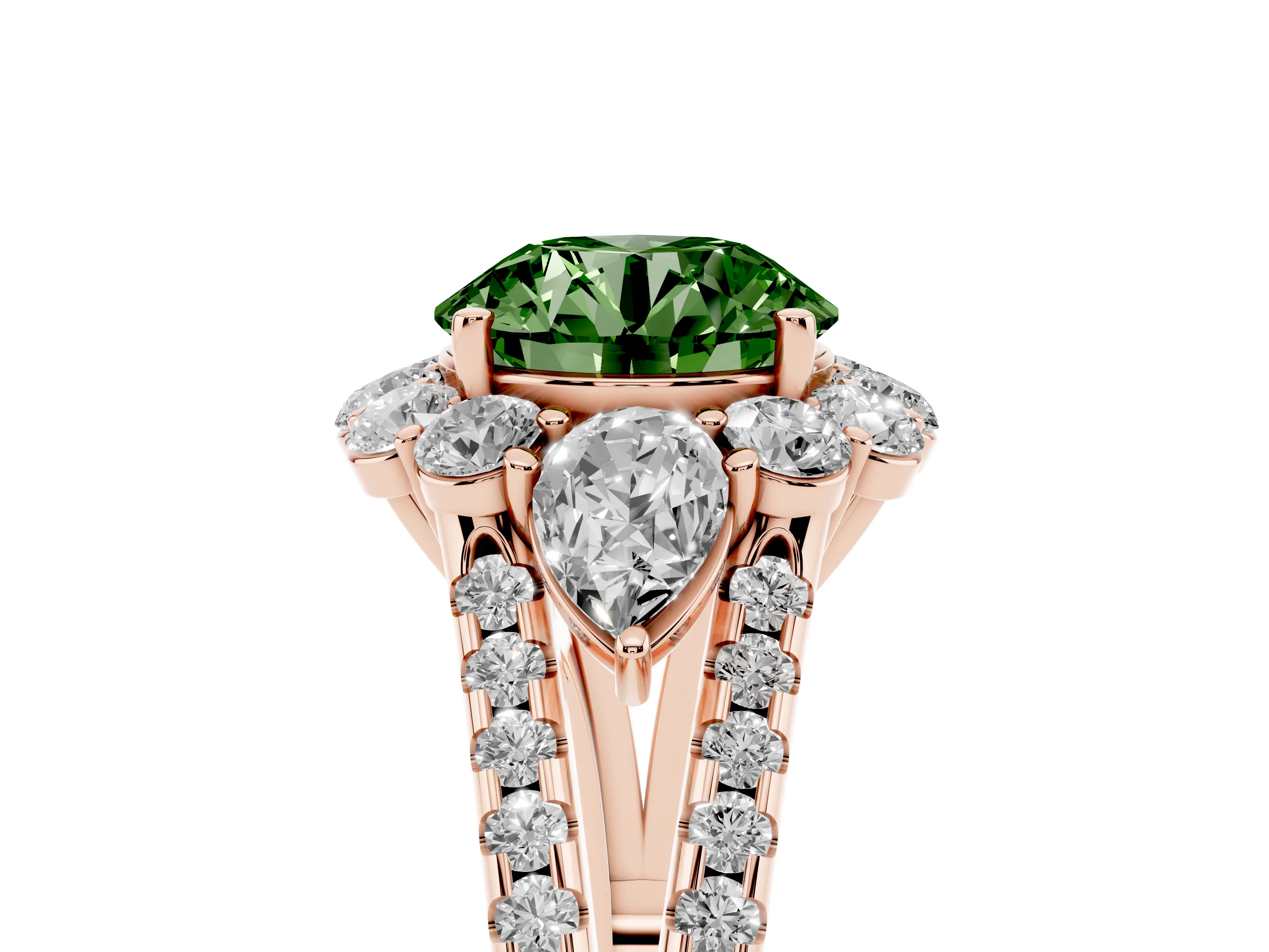 Fancy Green Round Cut Diamond Halo Split Shank Engagement Ring Set in Rose gold with Prong-Held Center Stone