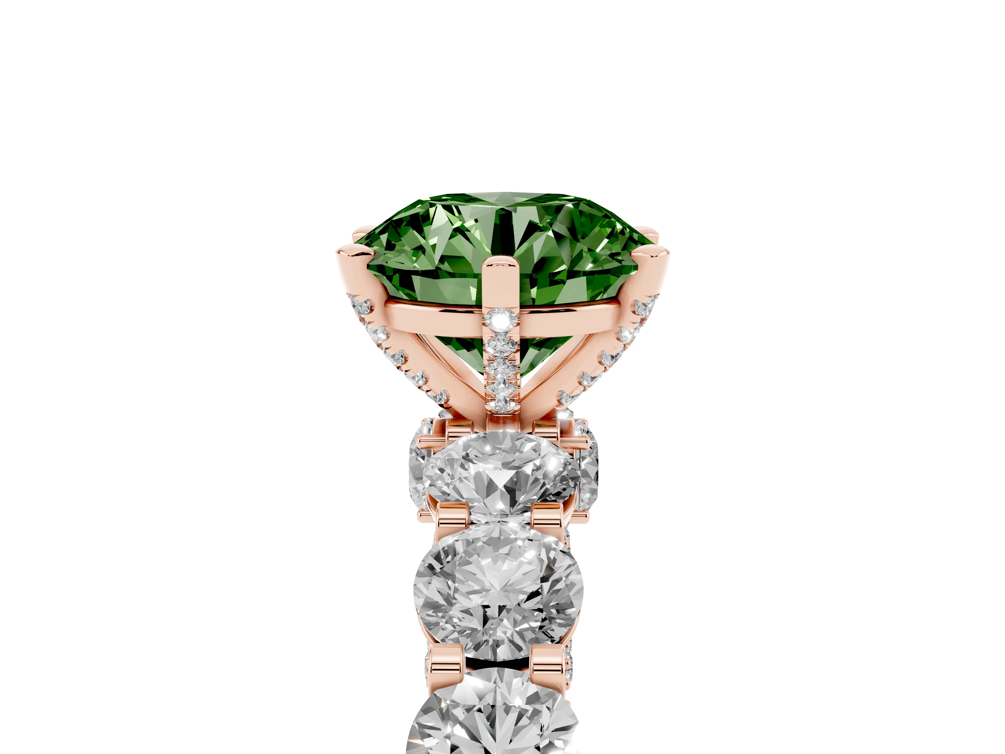 Fancy Green Round Cut Diamond Side Stone Ring Set in Rose gold with Alternating Round and Oval Side Stones