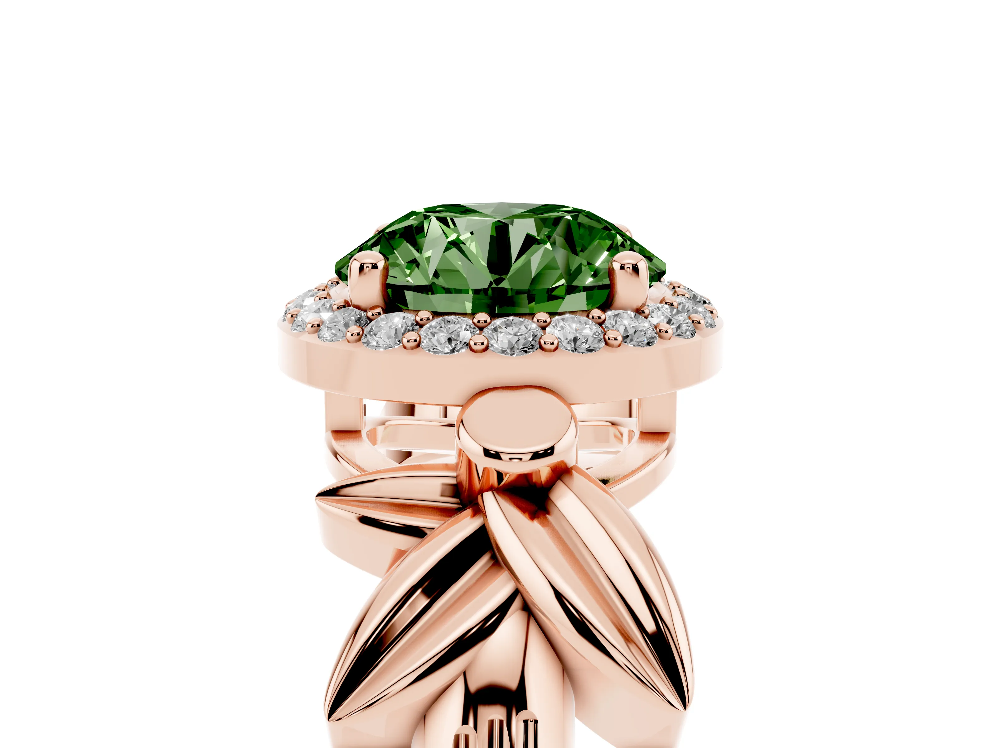 Fancy Green Round Cut Diamond Halo Floral Band Ring Set in Rose gold with Prong Setting
