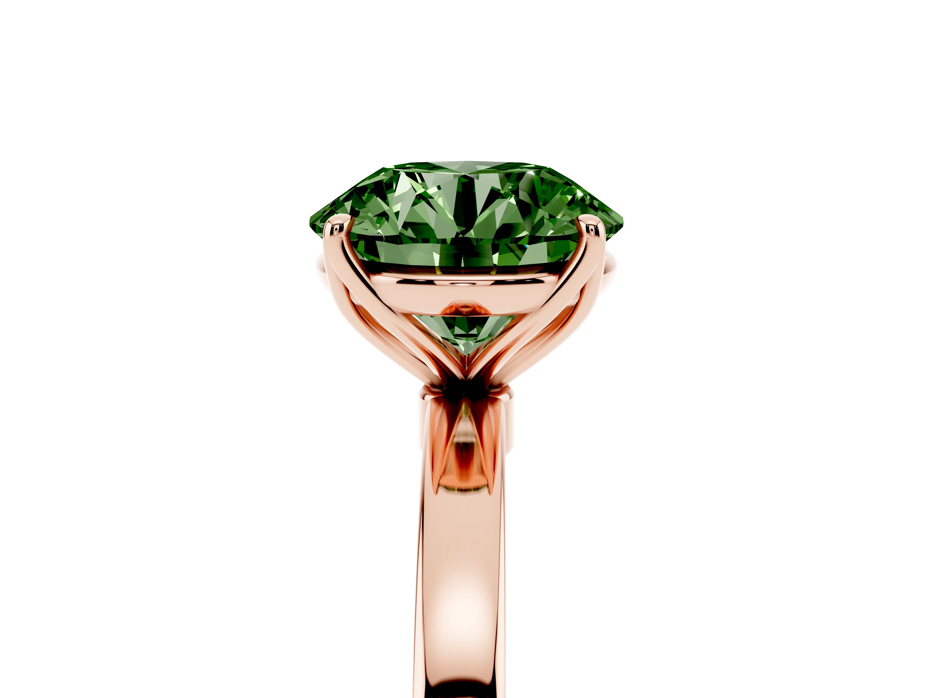 Fancy Green Round Cut Diamond Solitaire Ring Set in Rose gold with Prong Setting and Thin Polished Band
