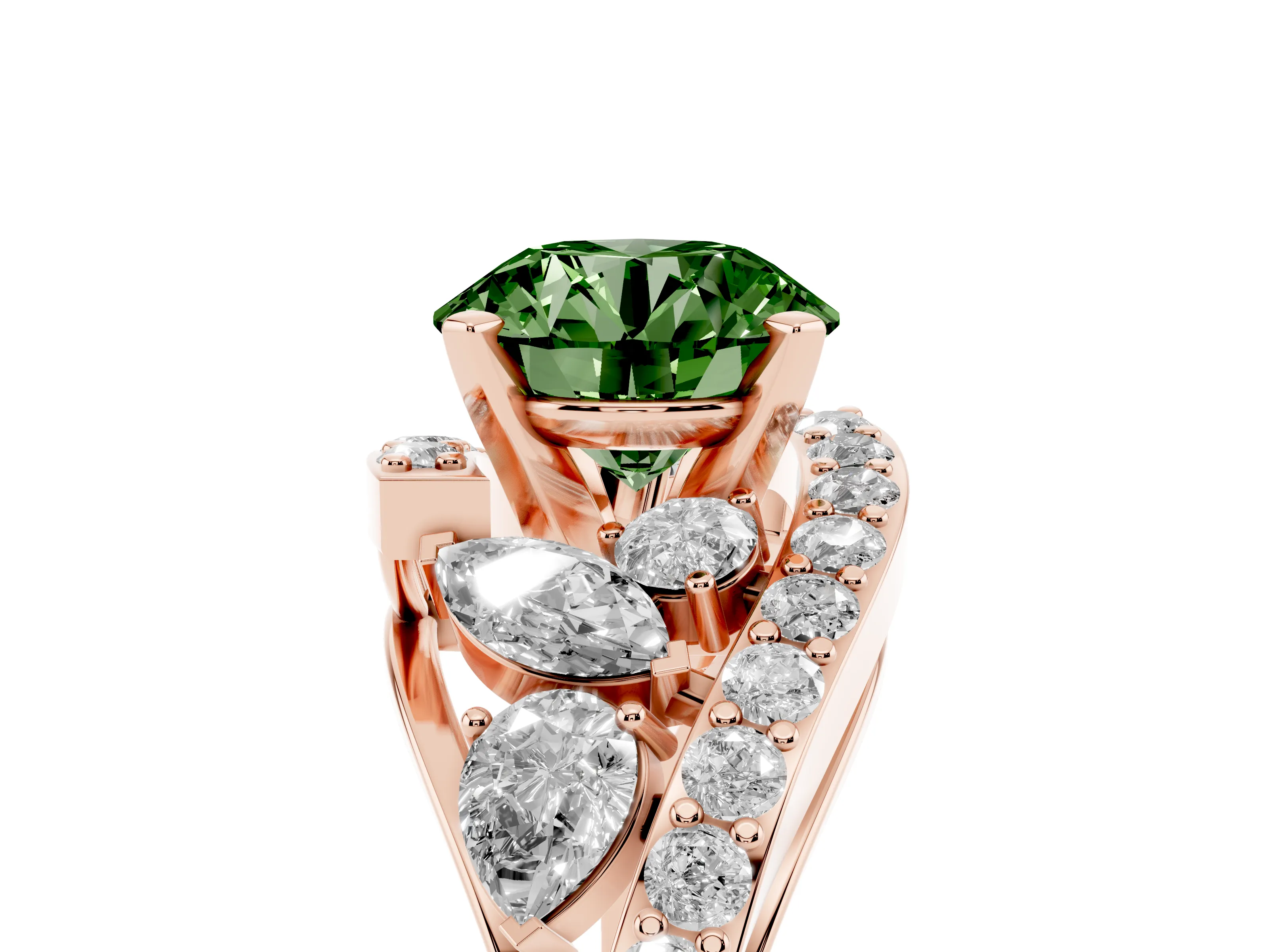 Fancy Green Round Cut Diamond Halo Ring Set in Rose gold with Marquise and Pavé Band in Prong Setting