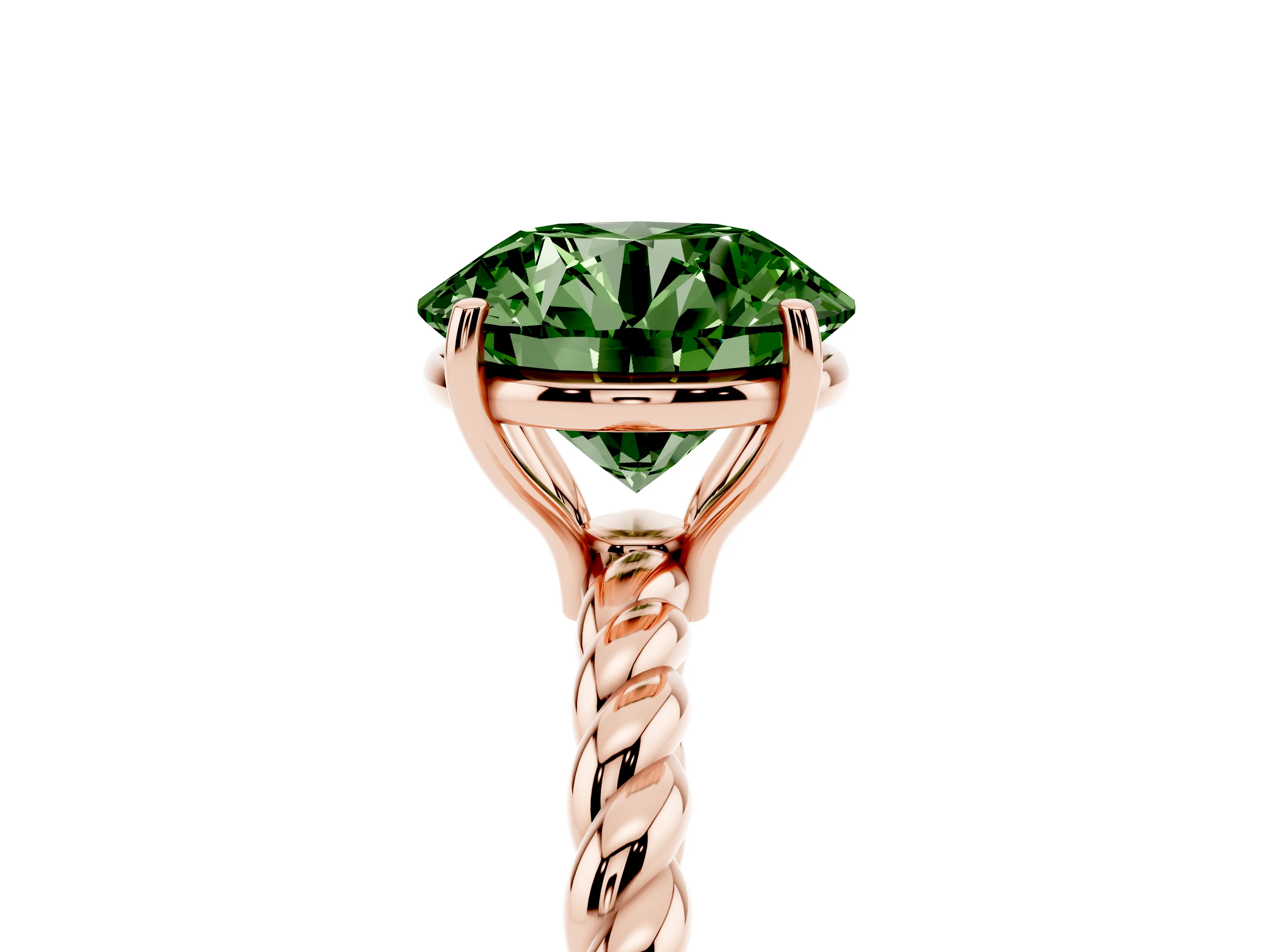 Fancy Green Round Cut Diamond Solitaire Ring Set in Rose gold with Twist Band and Prong Setting