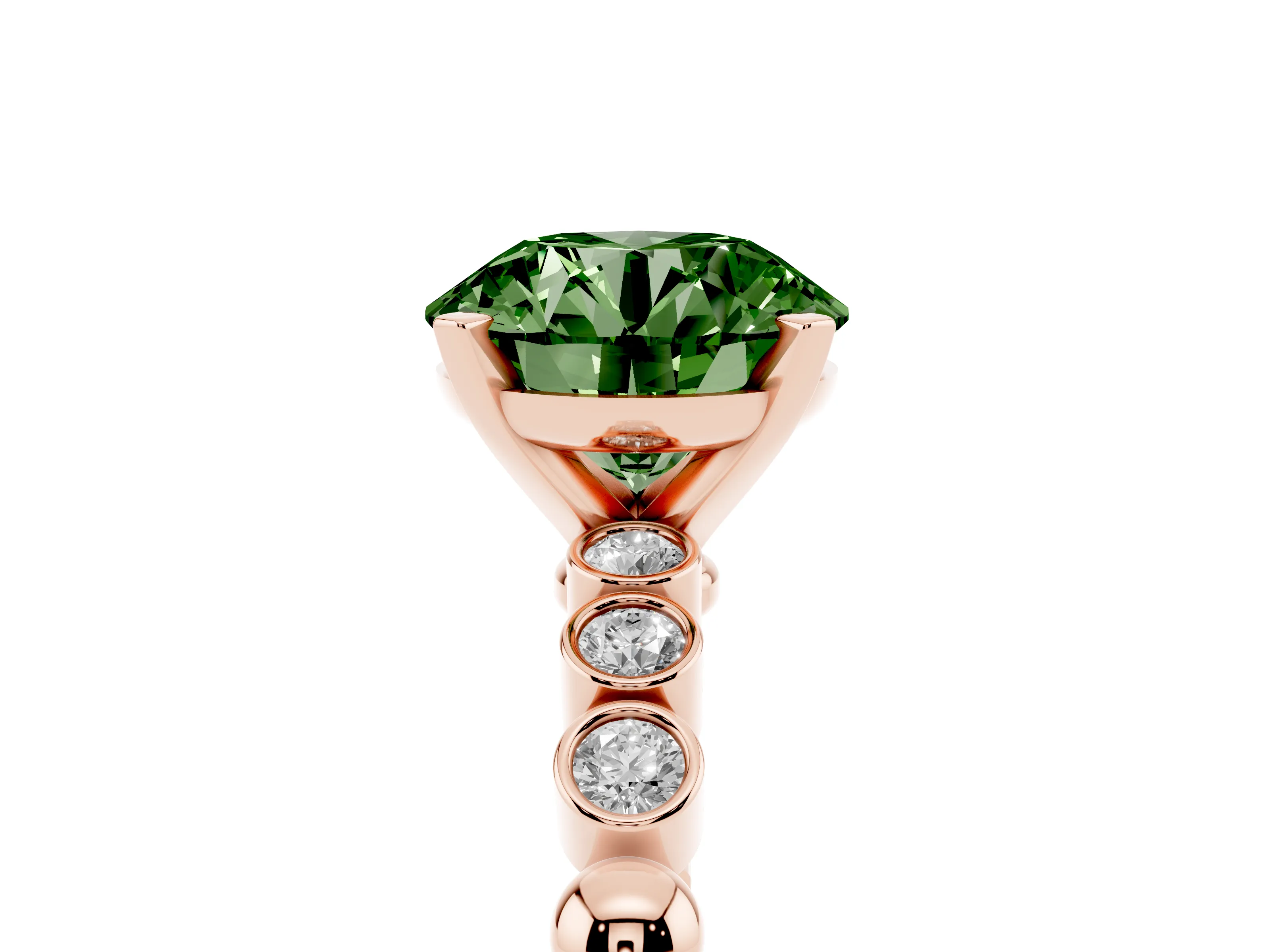 Fancy Green Round Cut Diamond Solitaire Engagement Ring Set in Rose gold with Bezel Accents on Beaded Band