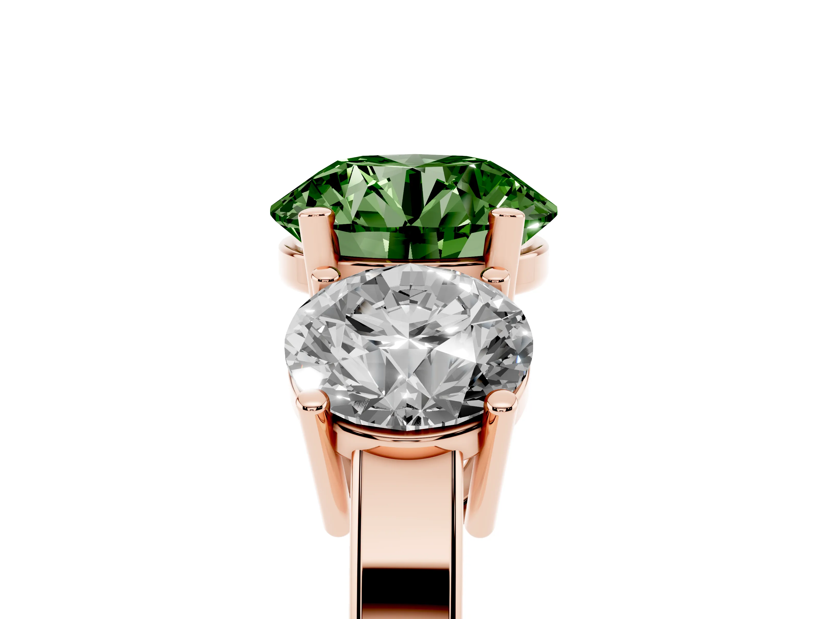 Fancy Green Round Cut Diamond Three-Stone Engagement Ring Set in Rose gold with Flat Band