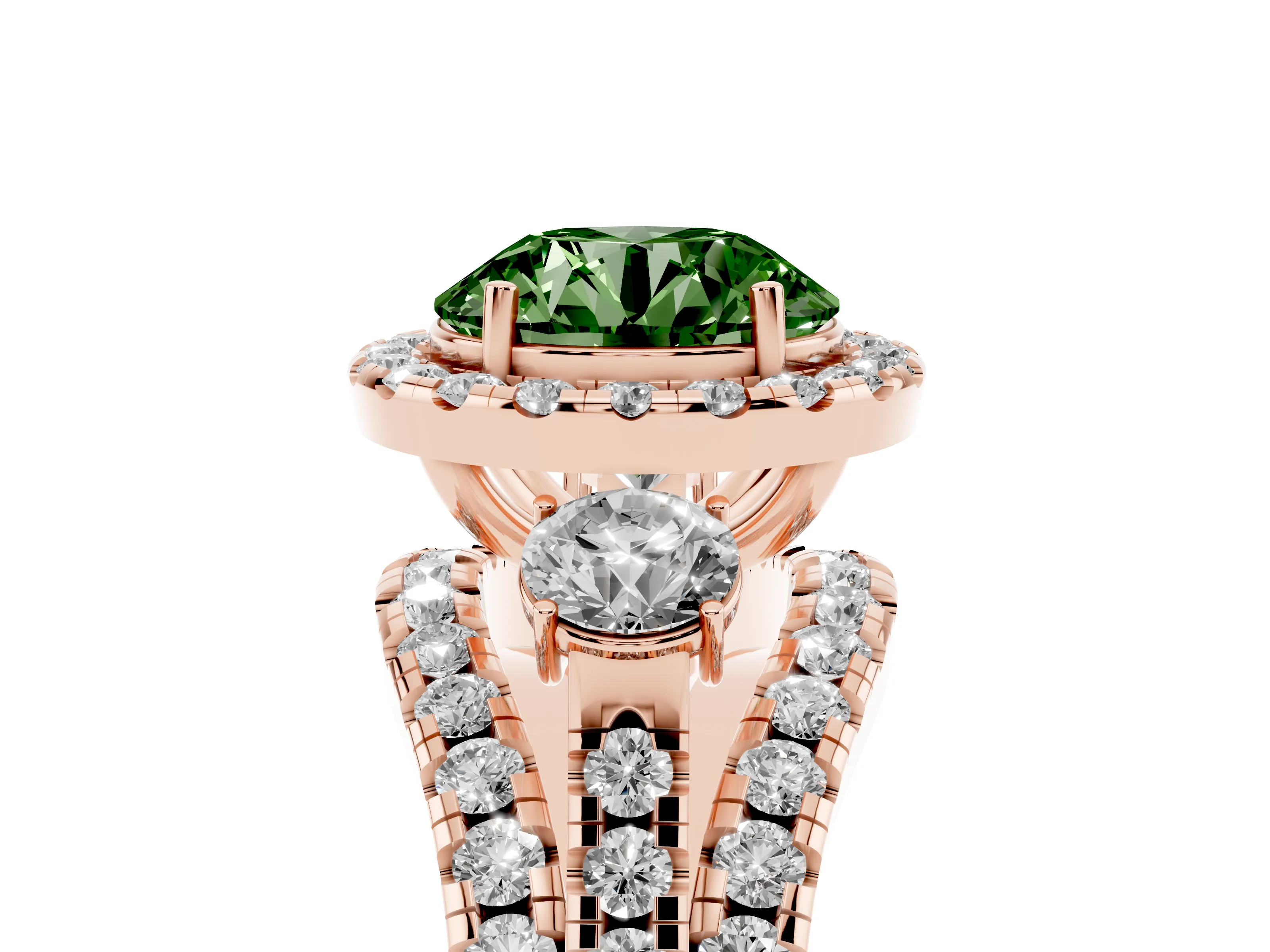 Fancy Green Round Cut Diamond Halo Split Shank Ring Set in Rose gold with Round Accent Stones and Prong Setting