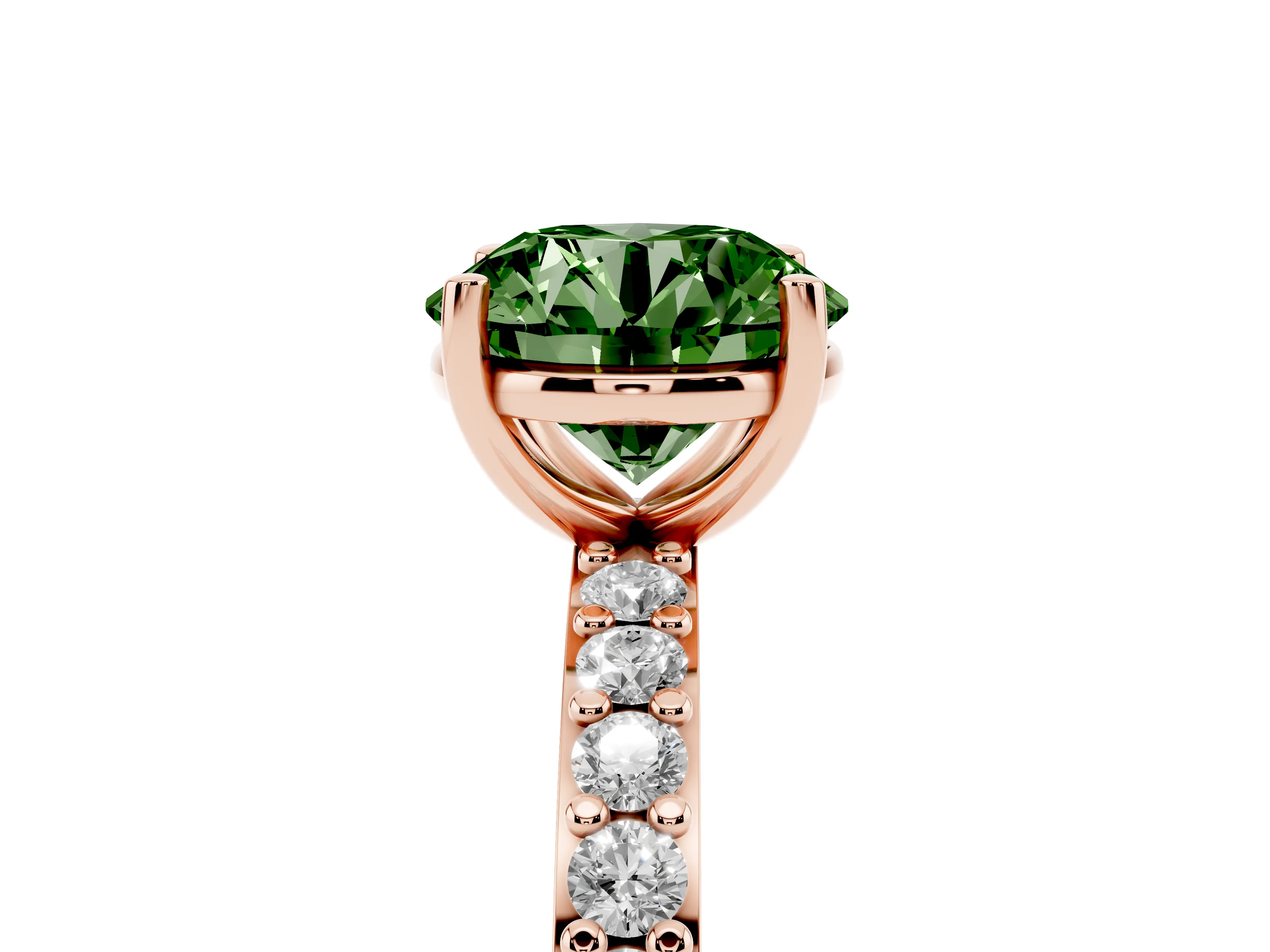 Fancy Green Round Cut Diamond Solitaire Set in Rose gold with Round Pavé Band and Prong Setting