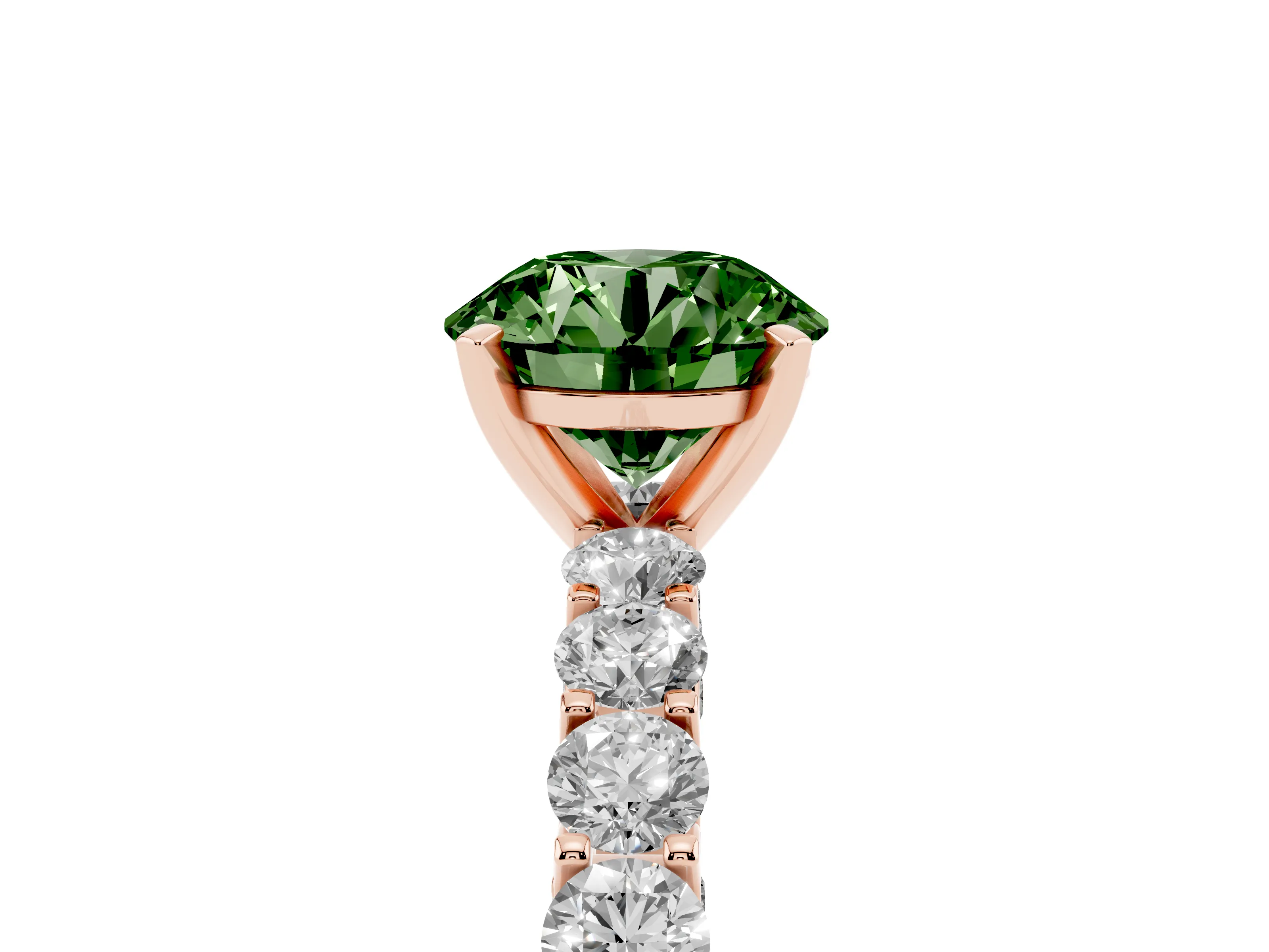 Fancy Green Round Cut Diamond Solitaire Ring Set in Rose gold with Shared Prong Pavé Band