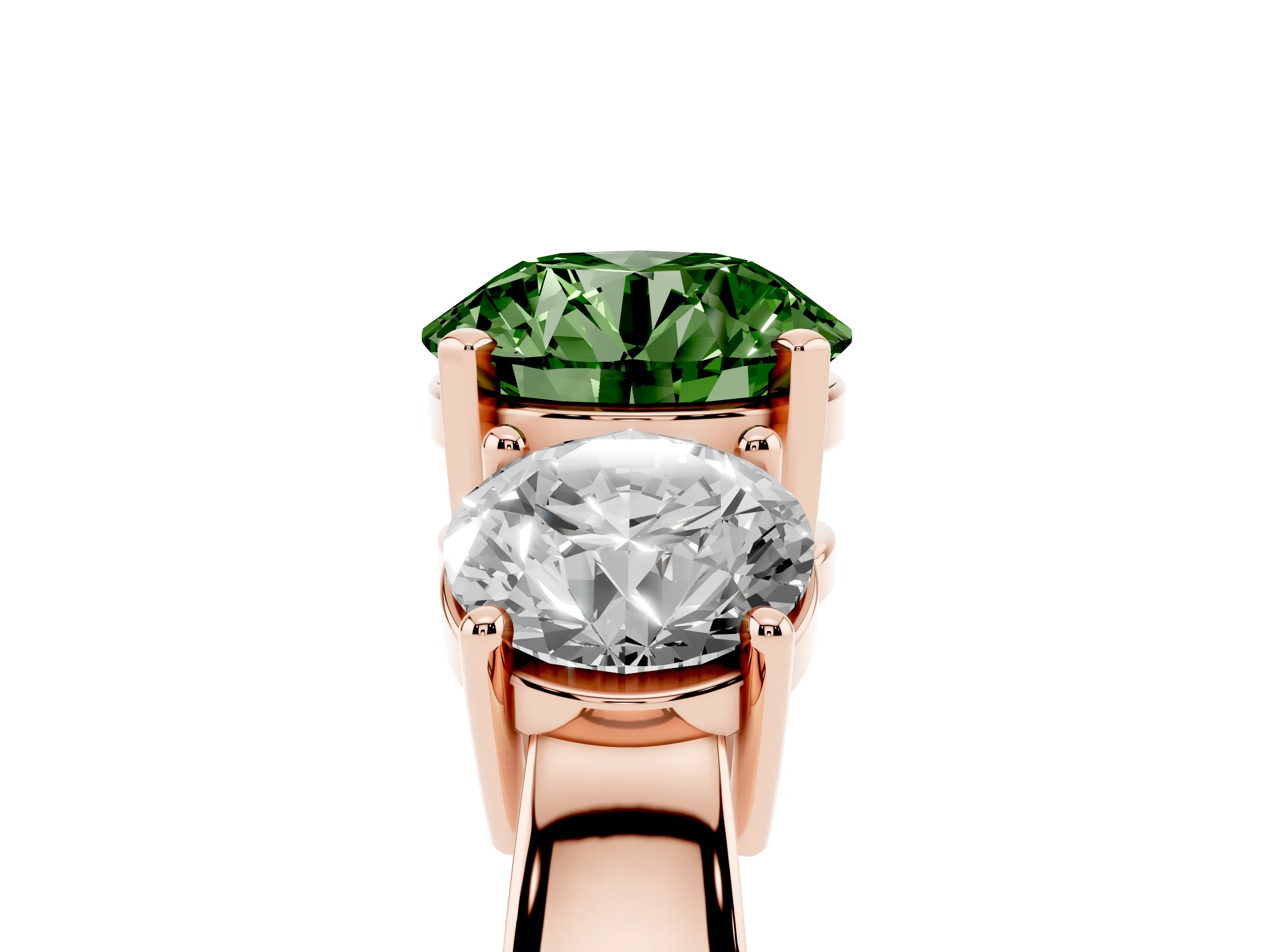 Fancy Green Round Cut Diamond Three-Stone Ring Set in Rose gold with Round Side Stones and Classic Band