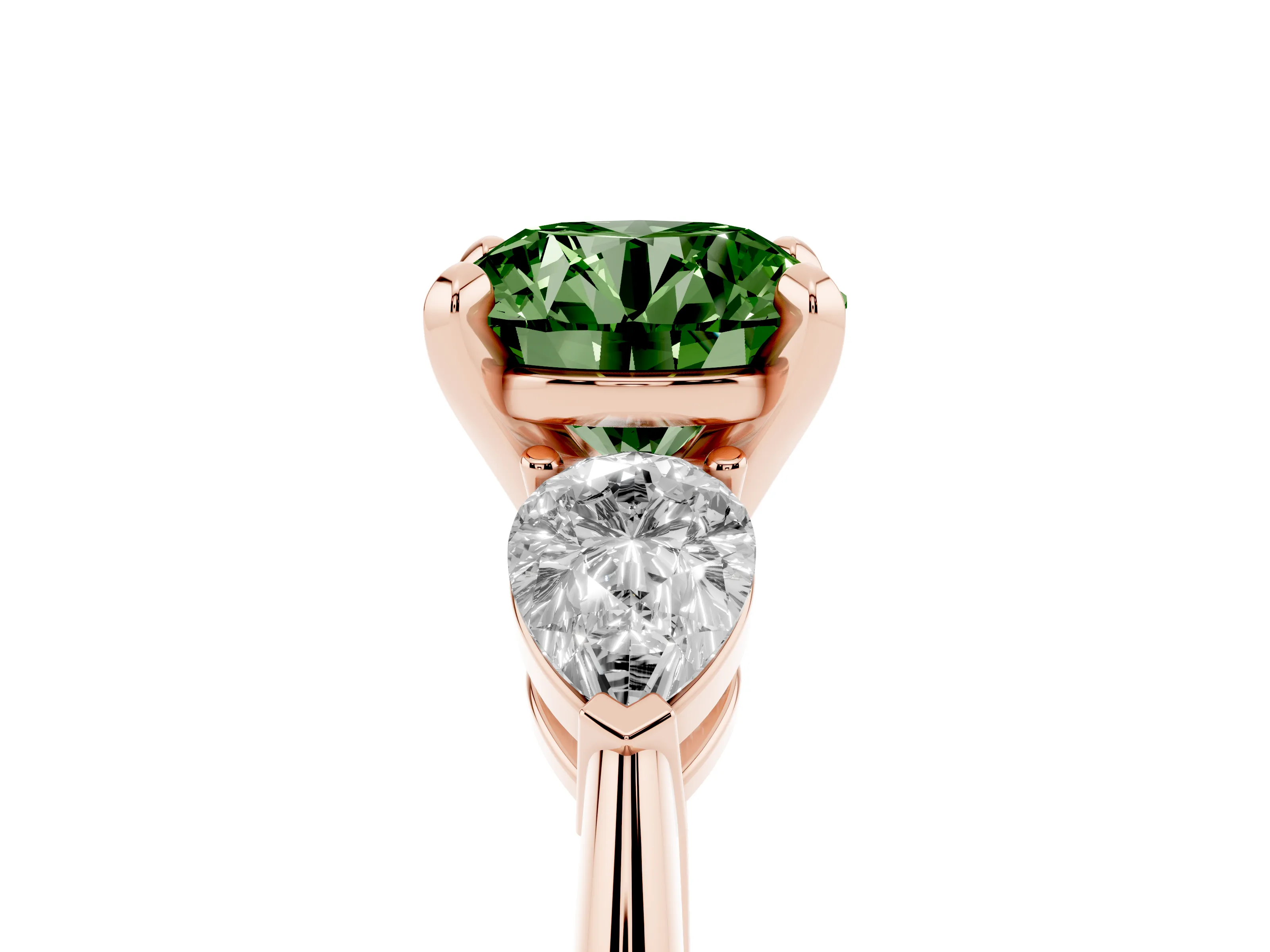 Fancy Green Three-Stone Round Cut Diamond Ring Set in Rose gold with Pear Side Stones and Prong Setting