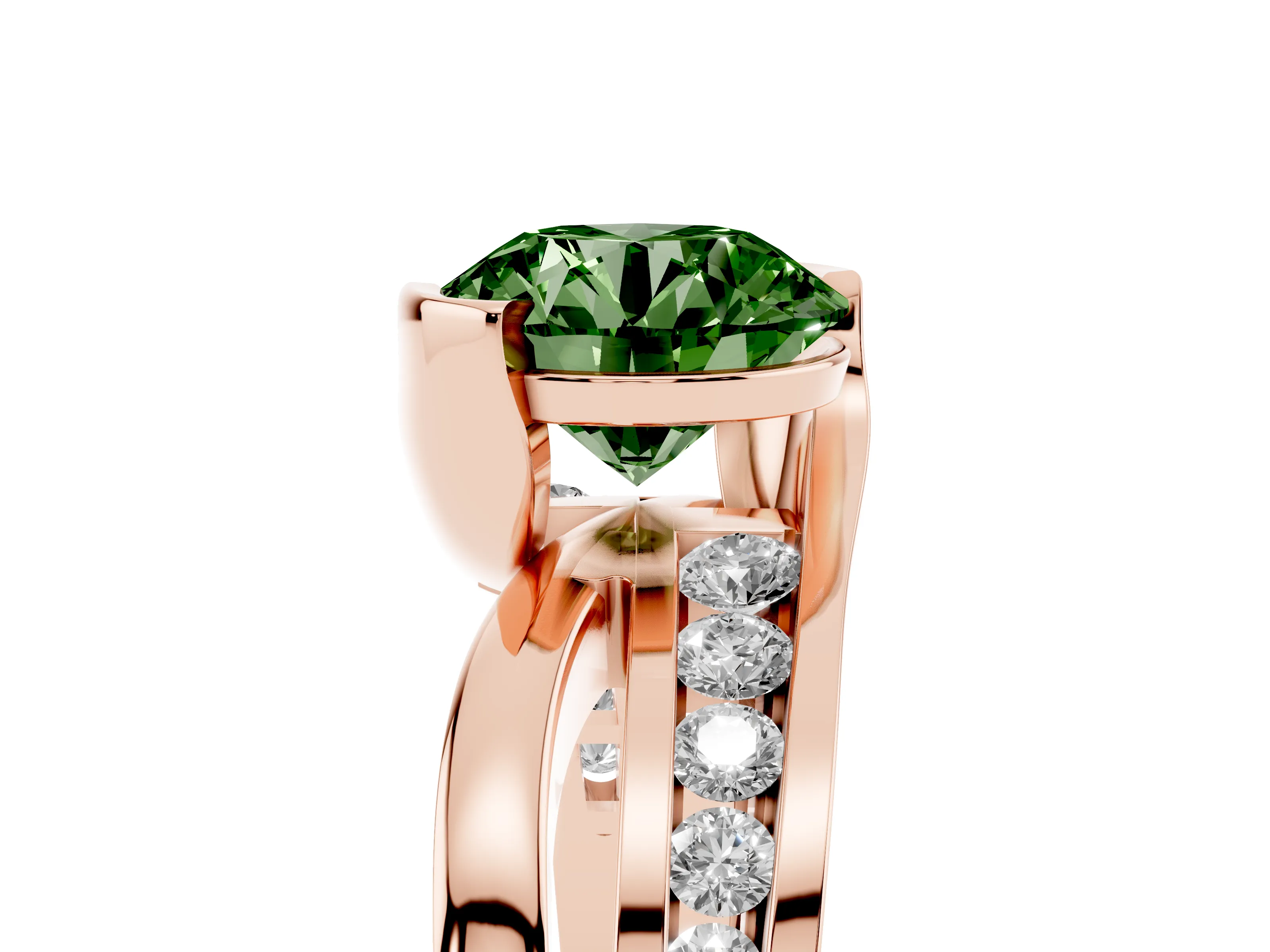 Fancy Green Round Cut Diamond Solitaire Ring Set in Rose gold with Channel Set Split Shank and Tension Prongs