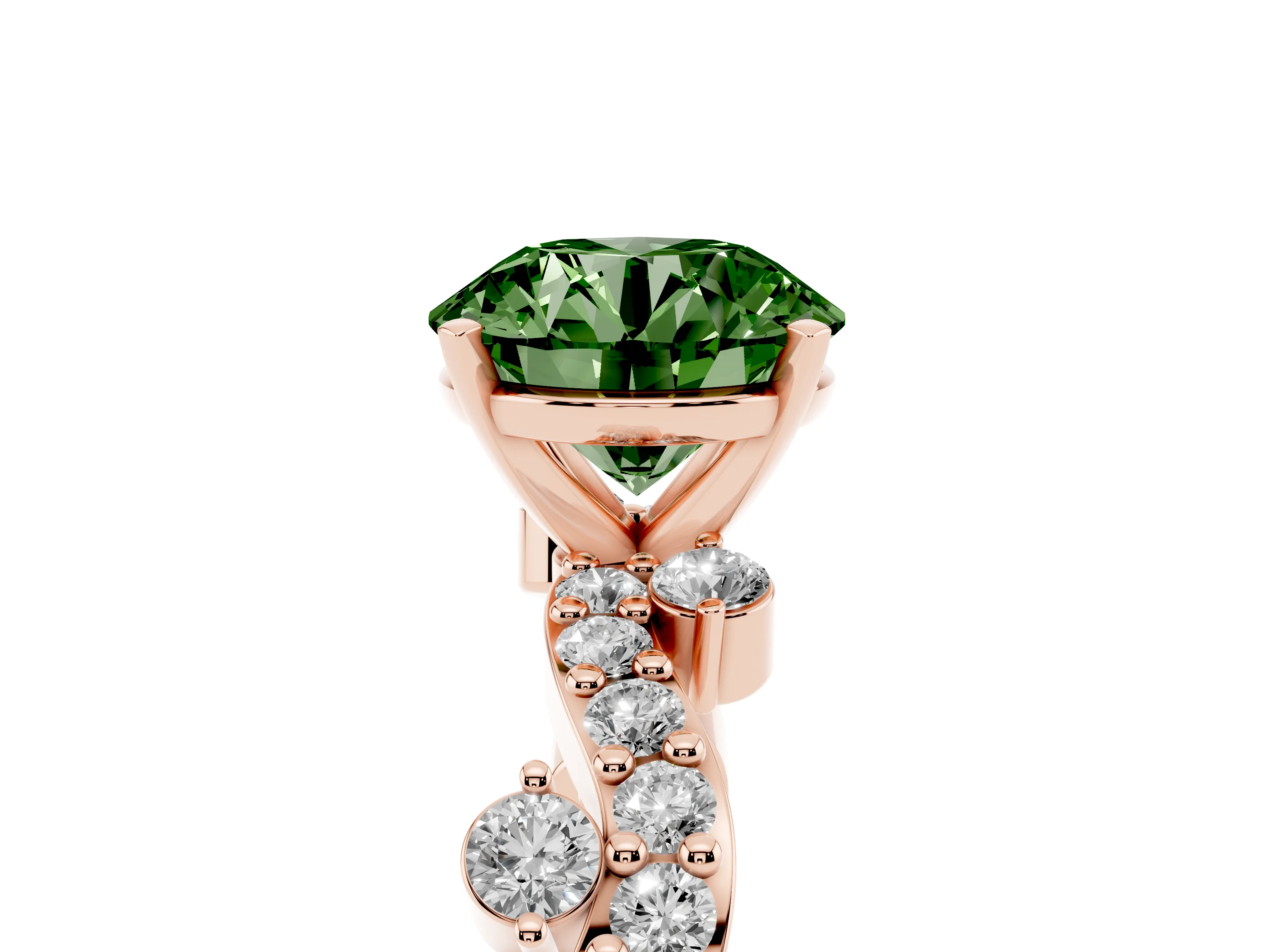 Fancy Green Round Cut Diamond Solitaire Twisted Band Set in Rose gold with Pavé Setting