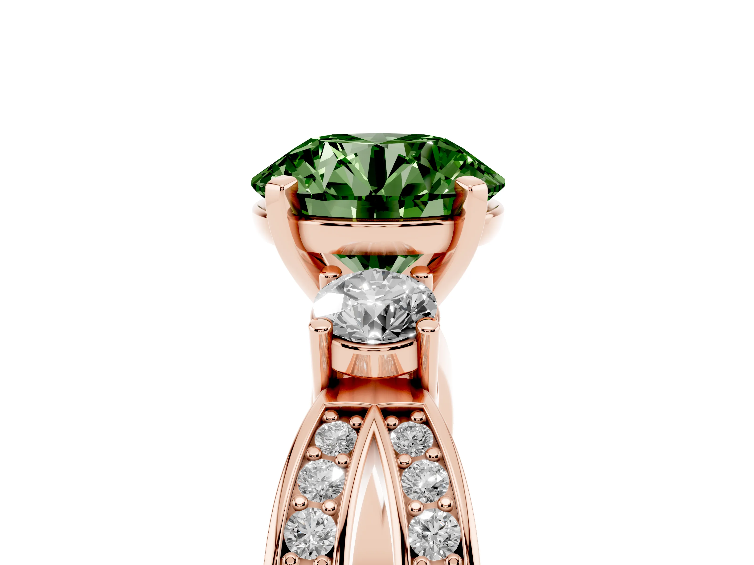 Fancy Green Three-Stone Round Cut Diamond Twist Band Ring Set in Rose gold with Pavé Accents and Prong Setting