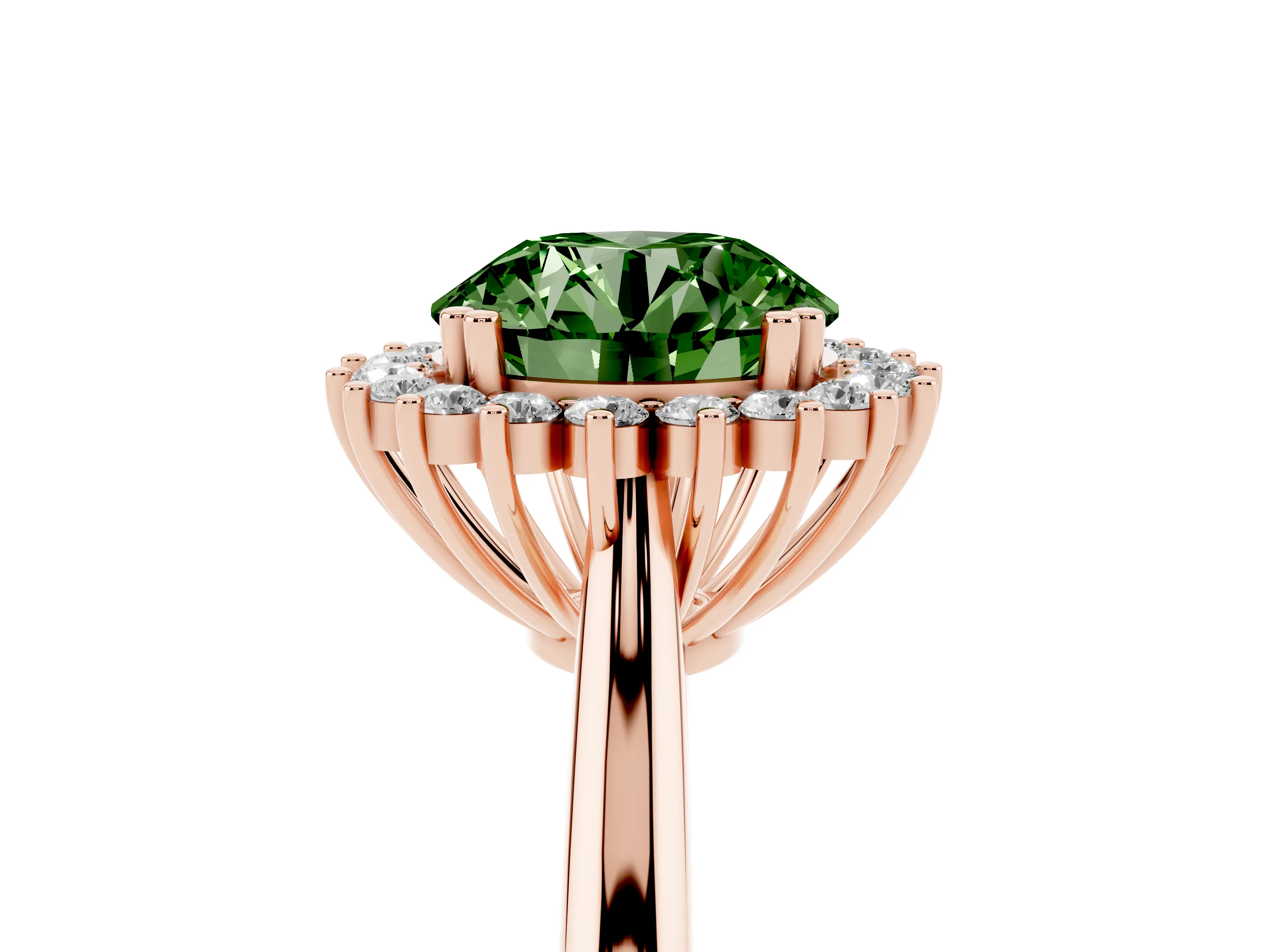 Fancy Green Round Cut Diamond Halo Ring Set in Rose gold with Plain Solitaire Band and Prong Setting